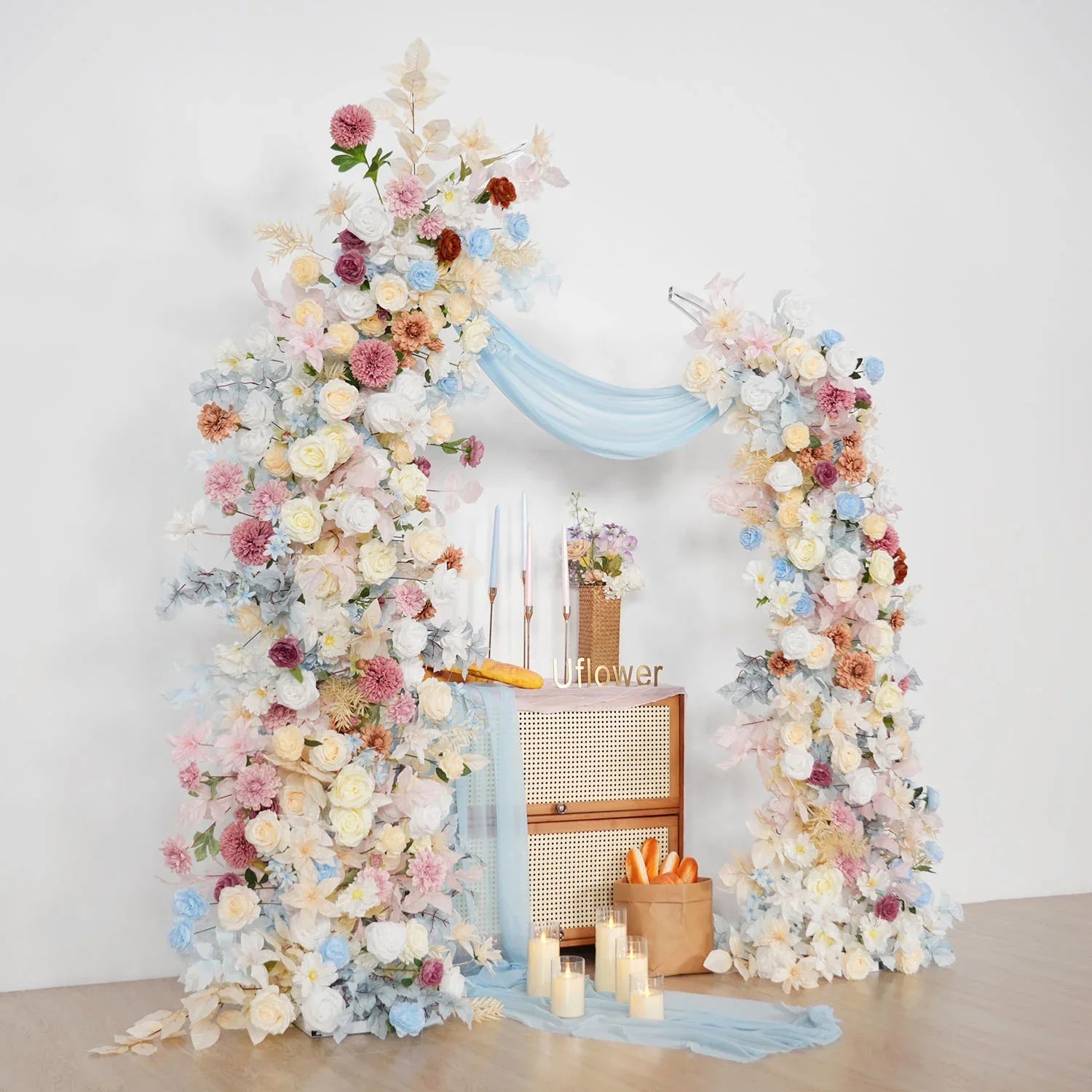 Uflower Pink Blue Champagne Horn Arch Decor Wedding Backdrop Floral Ball Arrangement SET80119 - Uflower