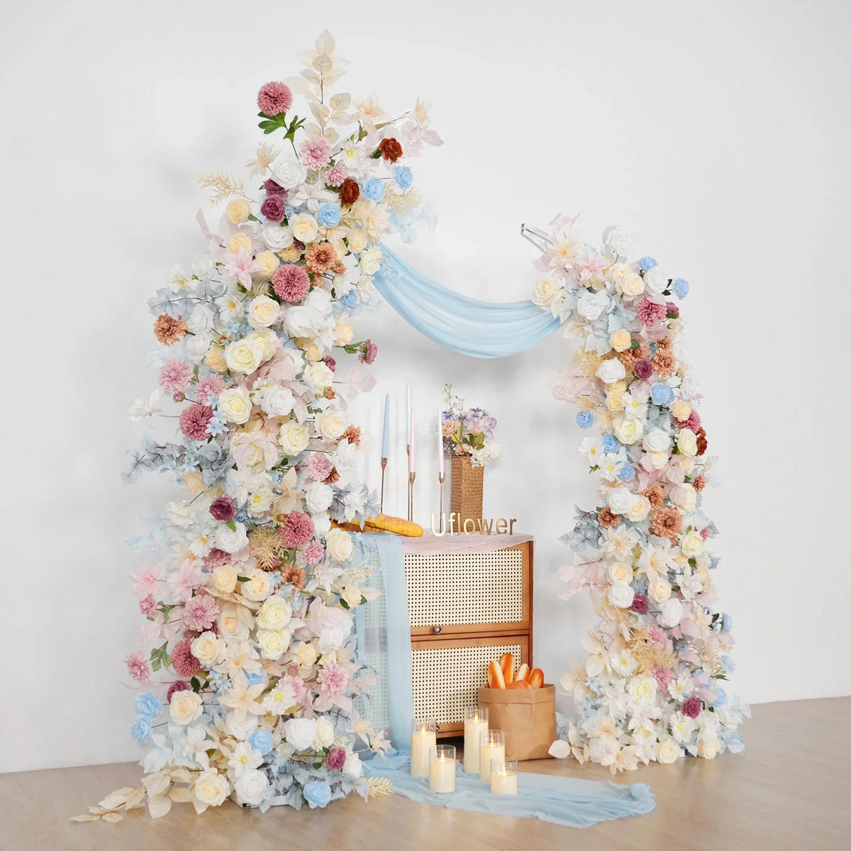 Uflower Pink Blue Champagne Horn Arch Decor Wedding Backdrop Floral Ball Arrangement SET80119 - Uflower