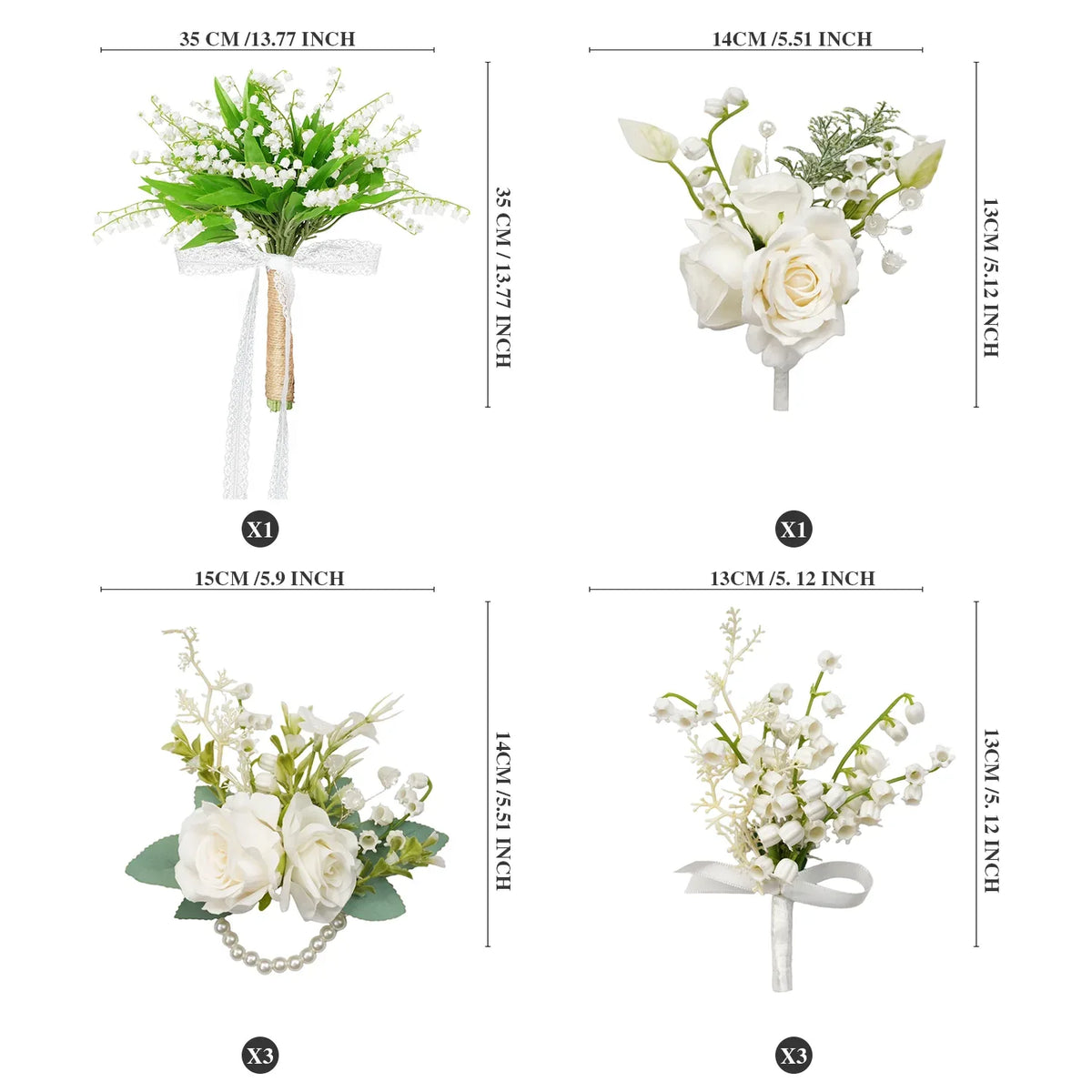Uflower White Series With Greenery Bride Bouquet Wrist Corsage Groom Boutonniere Wedding Event Supplies SET80080-12 - Uflower