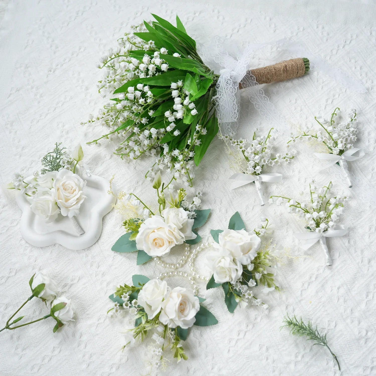 Uflower White Series With Greenery Bride Bouquet Wrist Corsage Groom Boutonniere Wedding Event Supplies SET80080-12 - Uflower