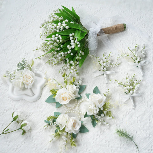 Uflower White Series With Greenery Bride Bouquet Wrist Corsage Groom Boutonniere Wedding Event Supplies SET80080-12 - Uflower