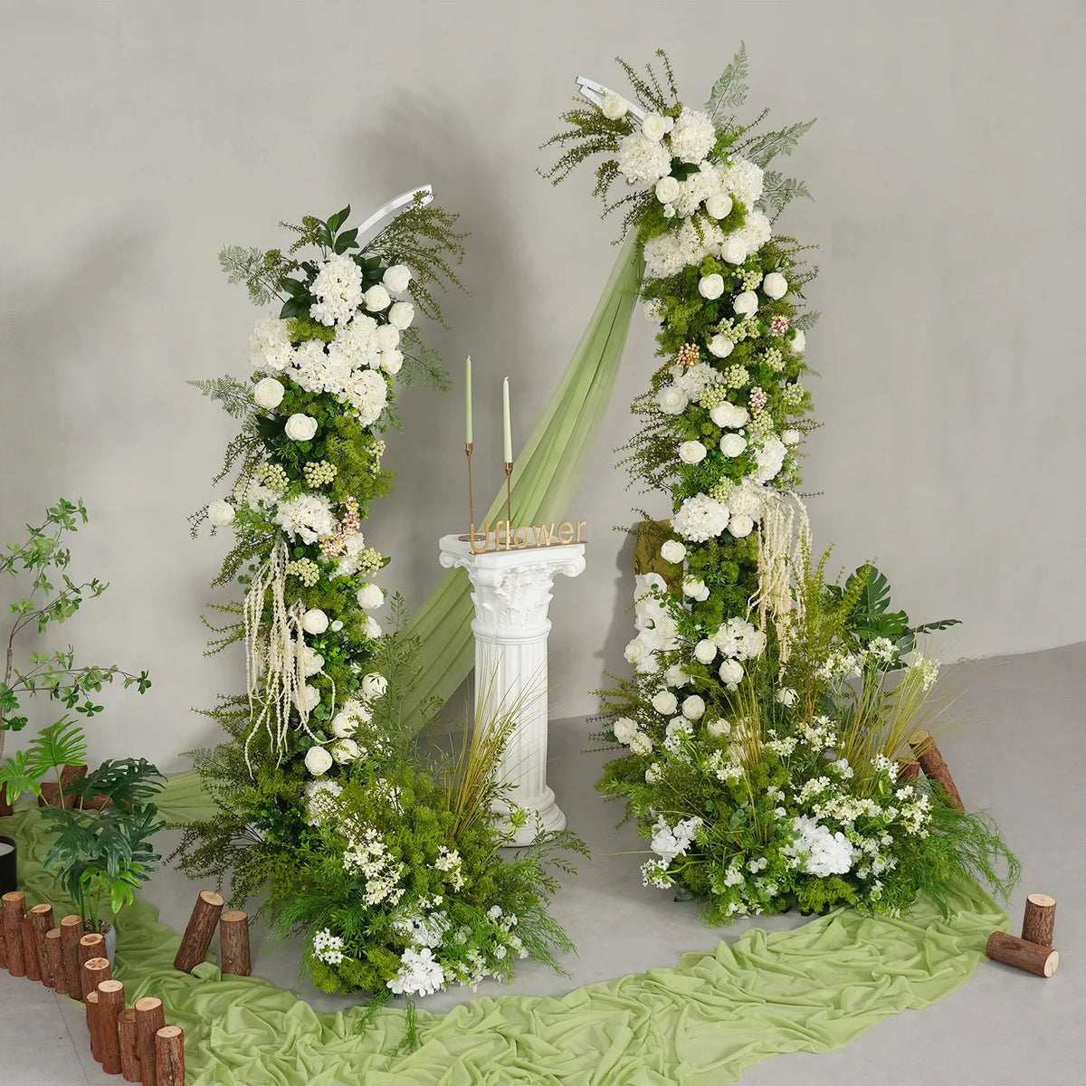 Décor de toile de fond pour fête de mariage en arche florale blanche Uflower, verdure, corne, ENSEMBLE80220