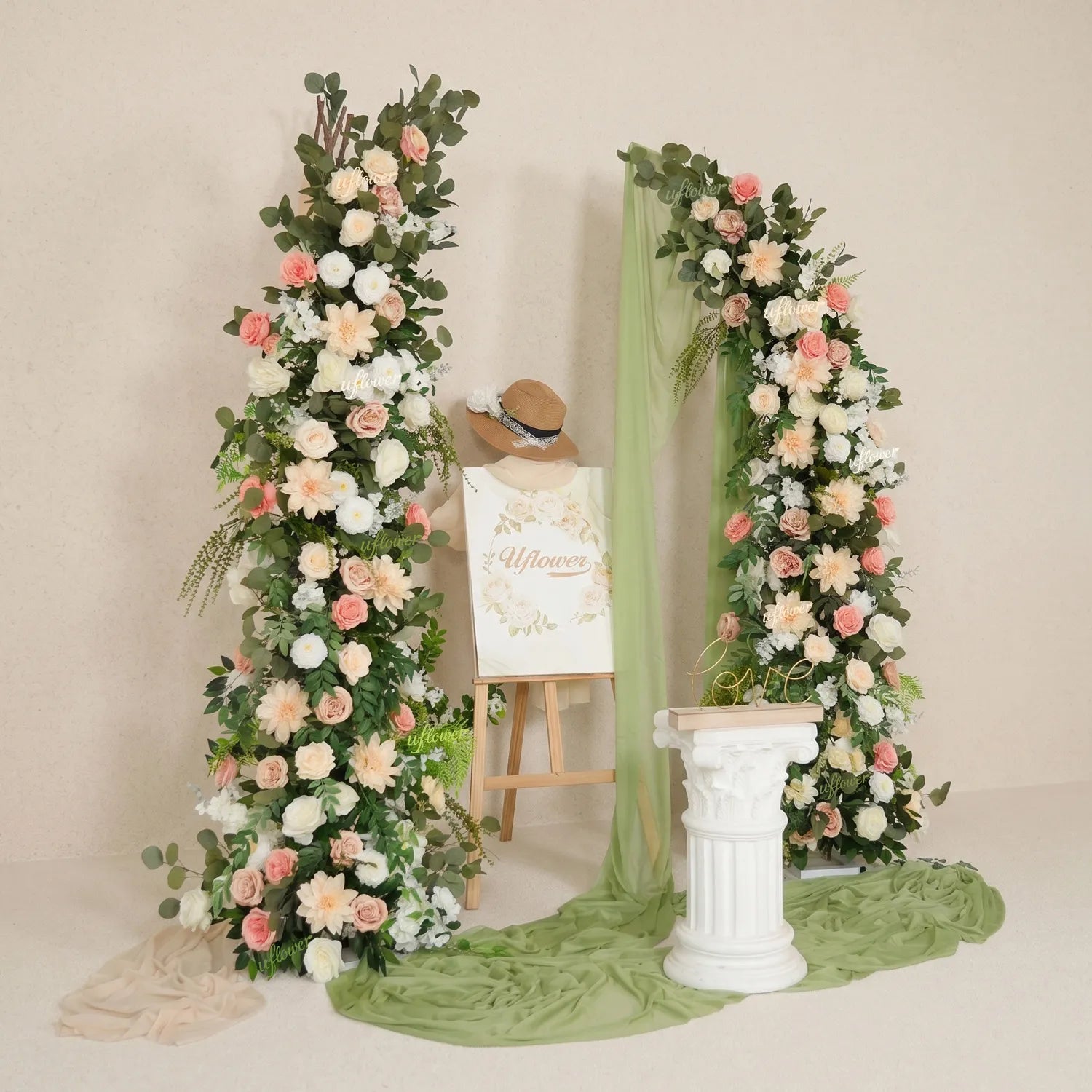 Uflower Pink White Greenery Horn Arch Wedding Backdrop Party Event Decor Props SET80252-01