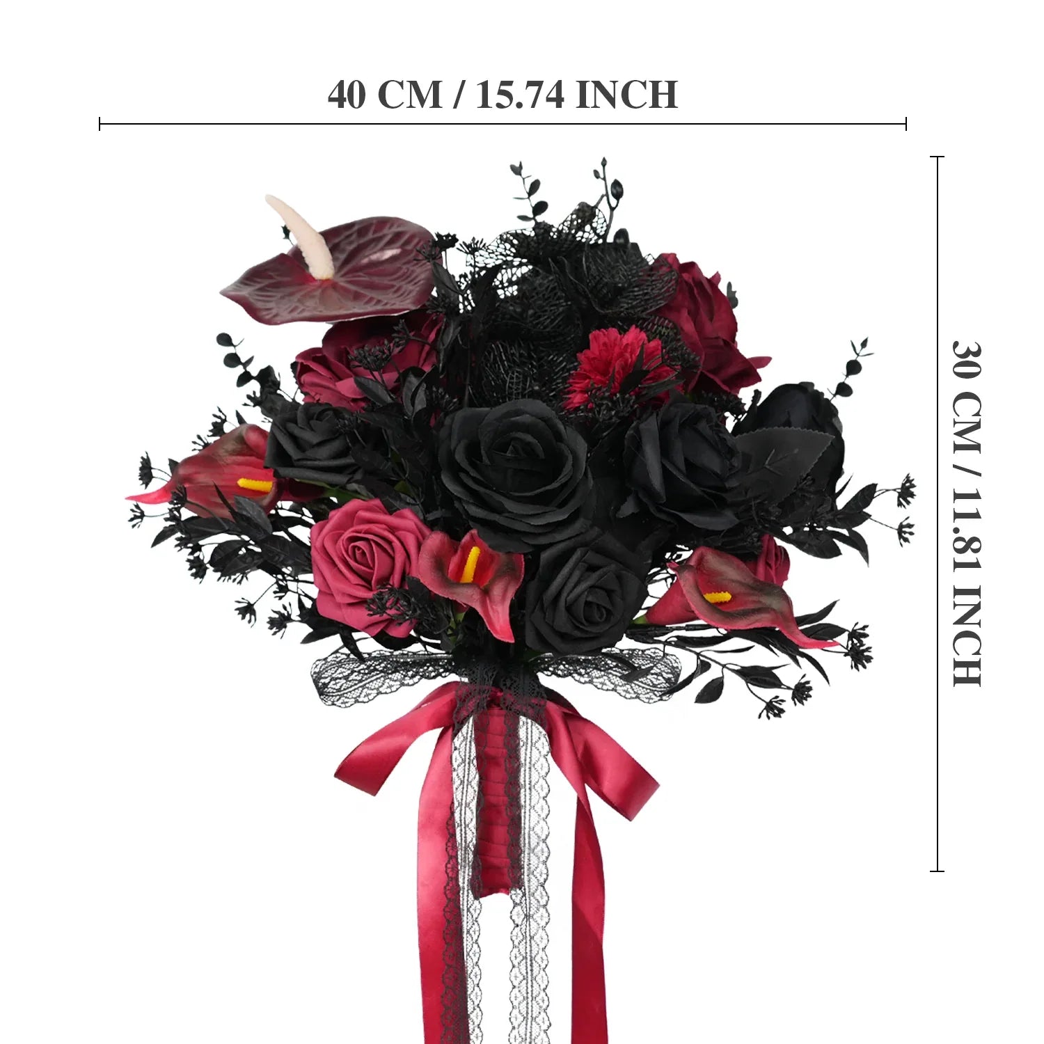 Uflower Black Burgundy Bride Bouquet Wrist Corsage Groom Boutonniere Set Wedding Event Supplies SET80080-11 - Uflower
