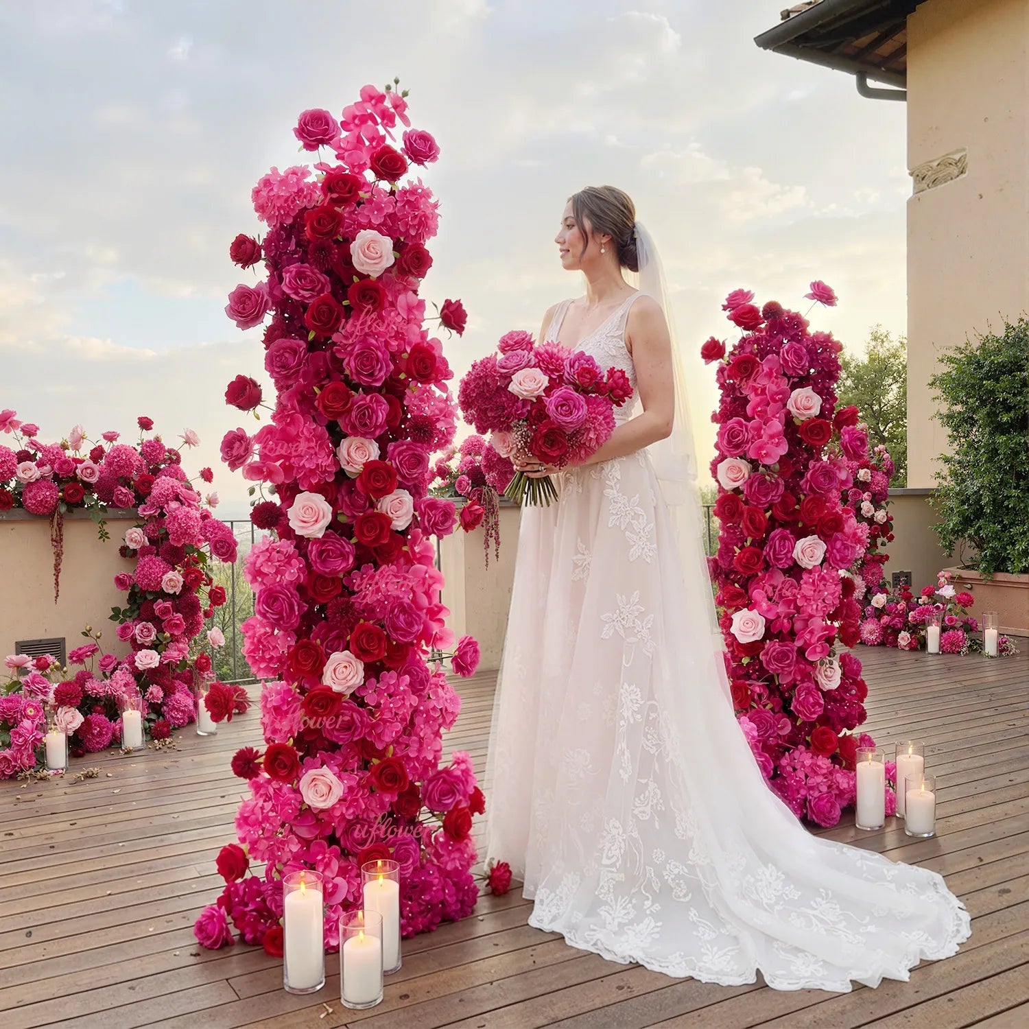 Uflower Artificial Rose Red Wedding KT Background Decor Flower Row SET80094
