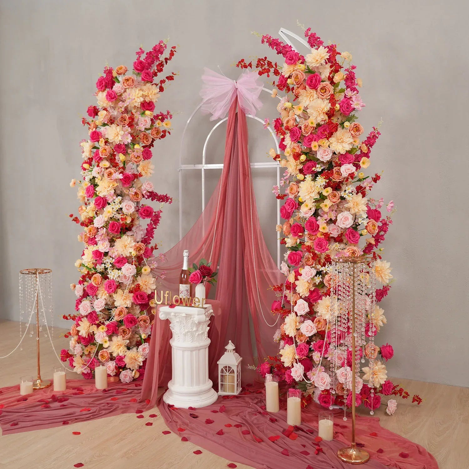 Uflower Champagne Pink Flower Horn Arch Wedding Party Birthday Backdrop Decor SET80176-02 - Uflower