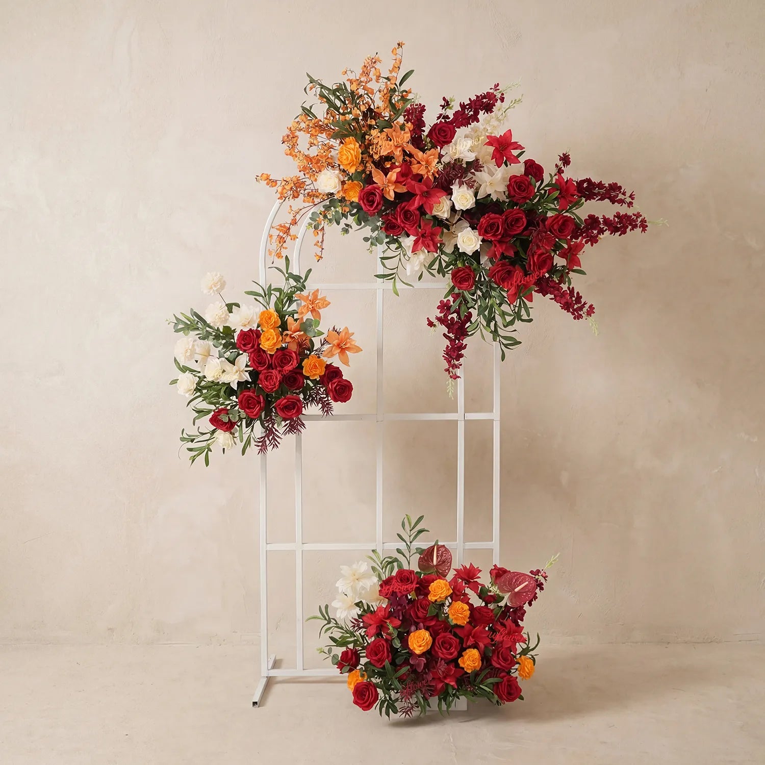 Uflower Red Orange  Flower Wedding Backdrop Arch Floral Arrangement SET80224
