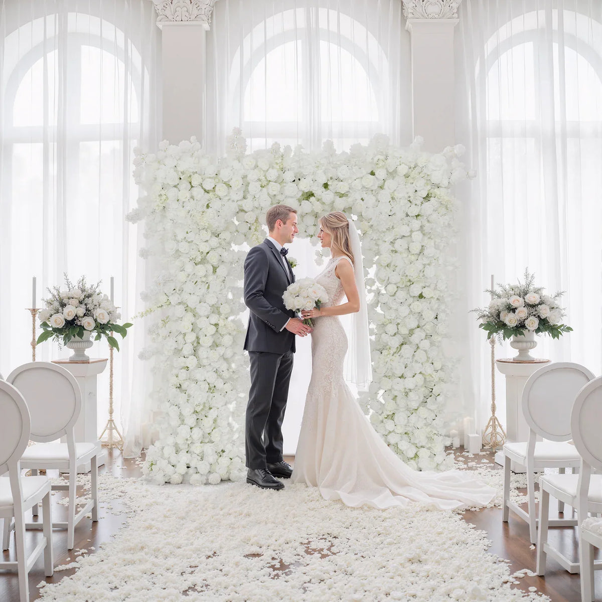 Uflower Artificial White Rose Flower Arrangement Wedding Backdrop Decor Props SET80052-01 - Uflower