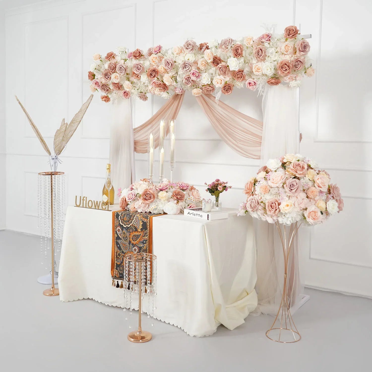 Uflower Champagne Pink Rose Arrangement Wedding Backdrop Floral Props SET80151 - Uflower