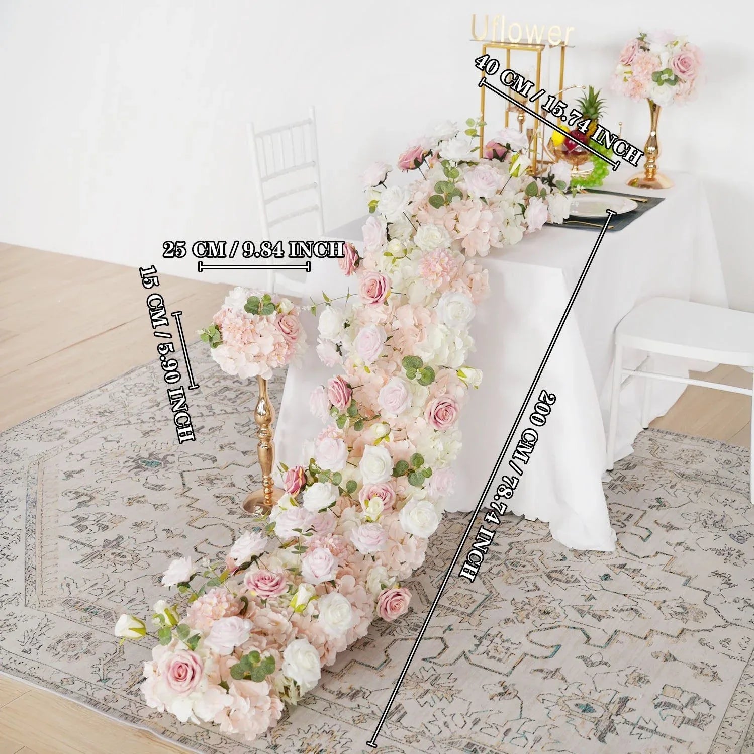 Uflower Pink Rose Table Runner Sofa Floral Wedding Backdrop Decor SET80096 - Uflower
