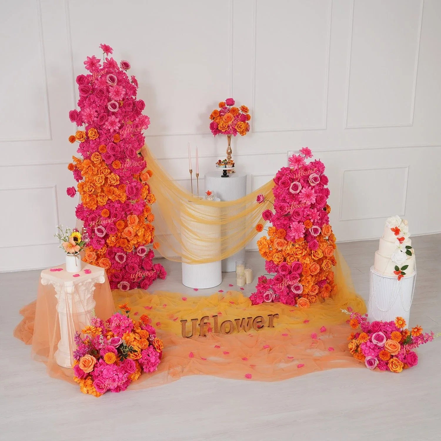 Uflower Rose Red Orange Flower Wedding Backdrop Arch Floral Arrangement SET80202 - Uflower