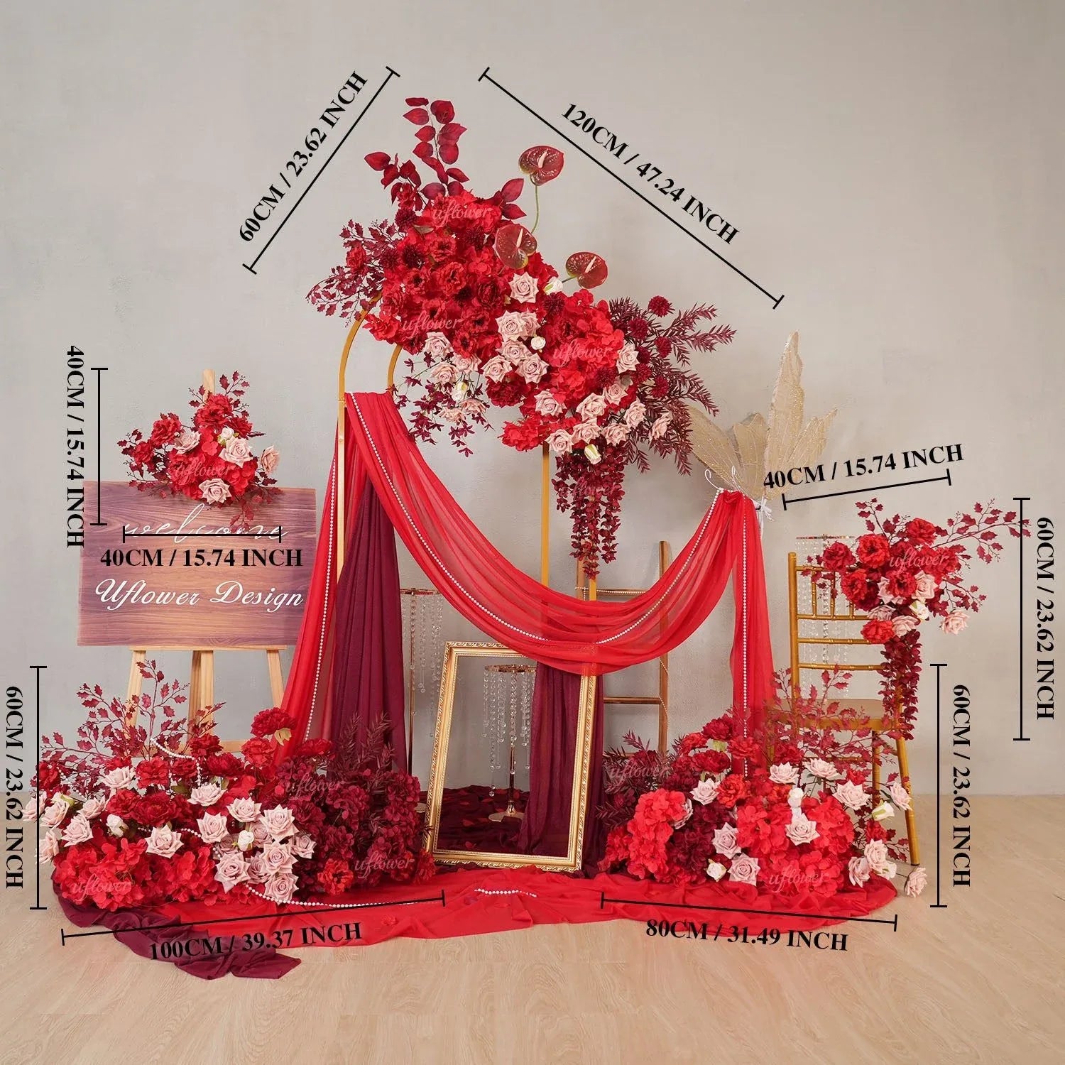 Uflower Red Flower Row Decor KT Board Wedding Arrangement Props SET80164 - Uflower