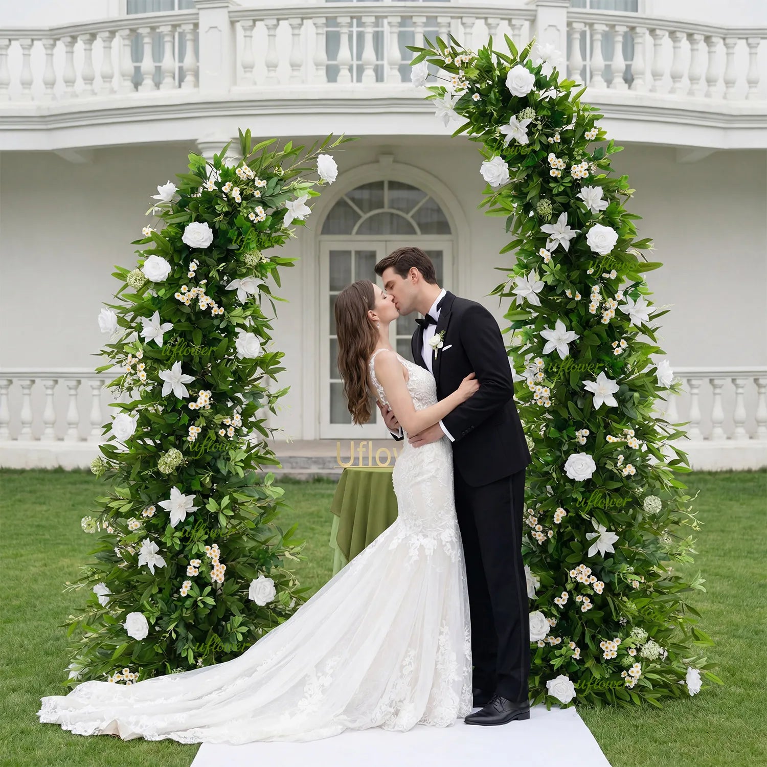 Uflower Outdoor Wedding Backdrop Horn Arch Decor Green Leaves Floral Arrangement SET80098