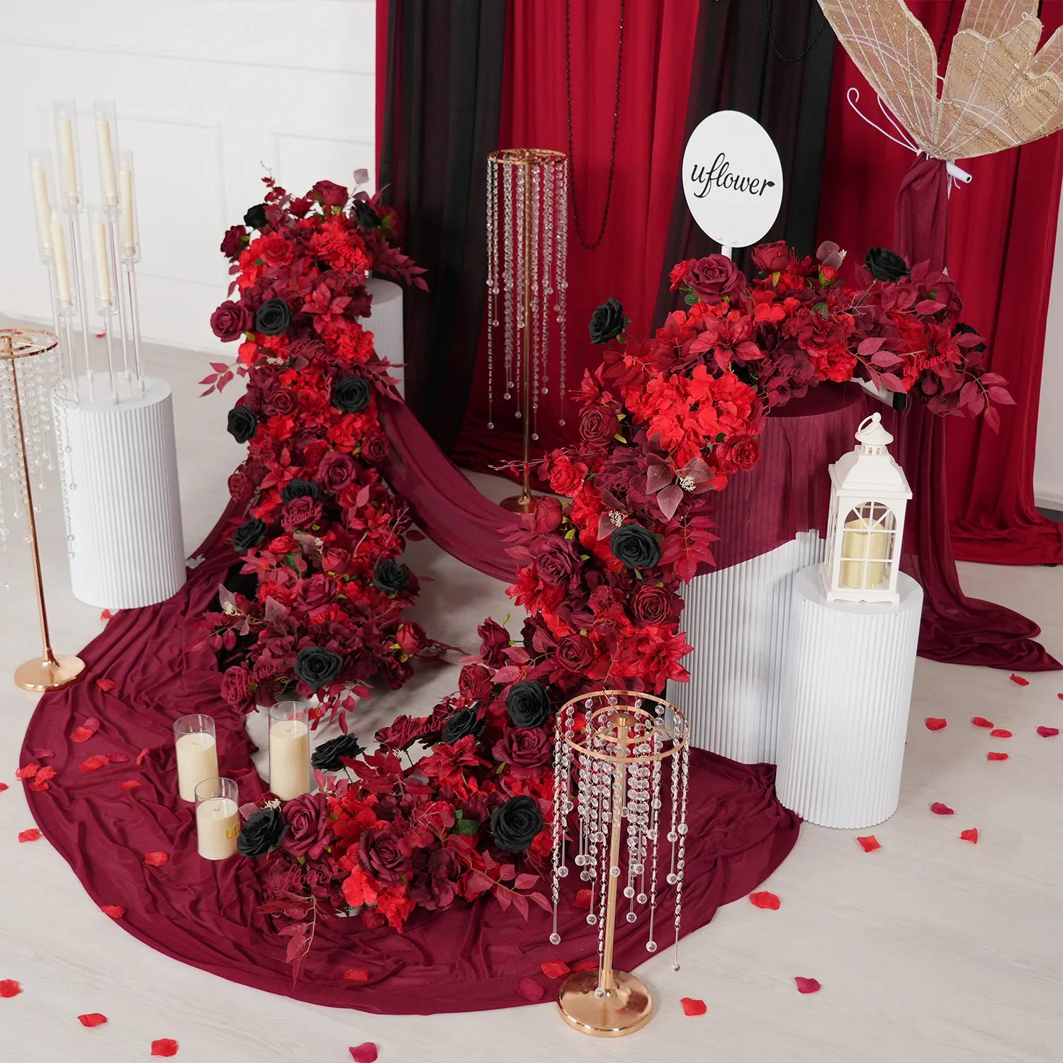 Uflower Red Roses Backdrop Wall Flower Row Wedding Decor MC80210-02
