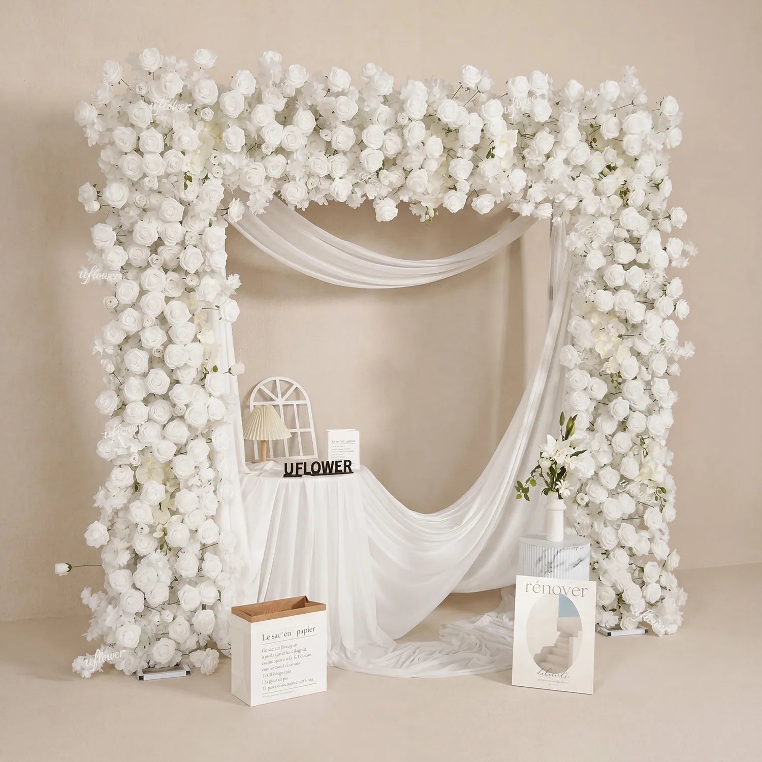 Uflower White Rose Flower Row Wedding Background Square Arch SET80256-01