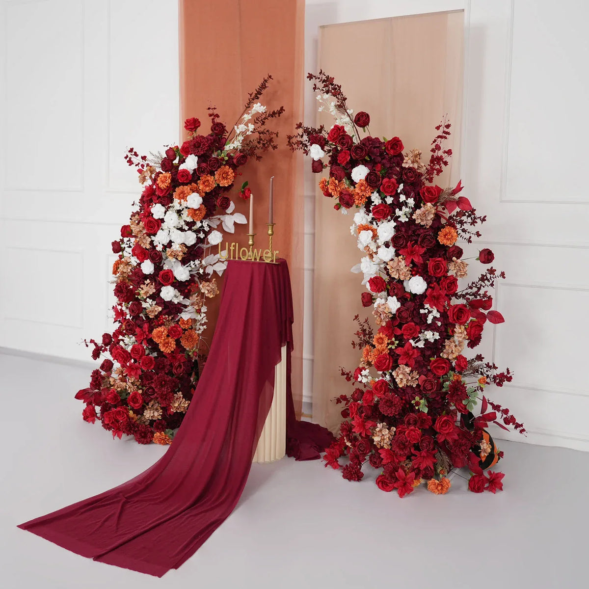 Uflower Autumn Red Rose Floral Arrangement Horn Arch Wedding Backdrop Decor SET80134 - Uflower