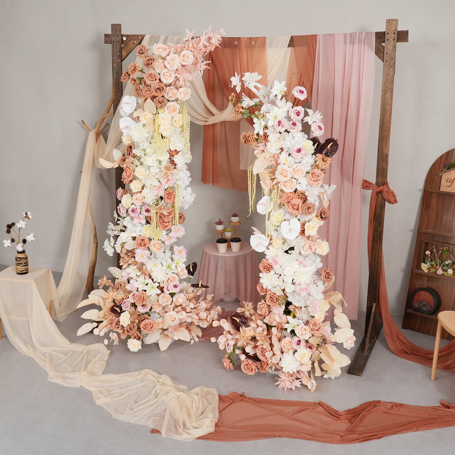 Uflower Terracotta Blush Floral Horn Arch Wedding Backdrop Props SET80222-01