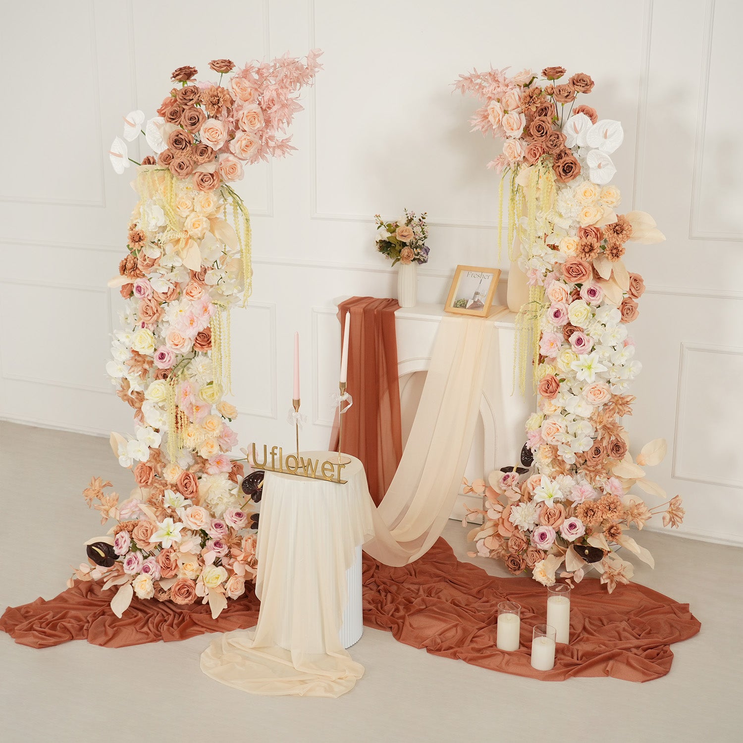Uflower Terracotta Blush Floral Horn Arch Wedding Party Backdrop Decor SET80222