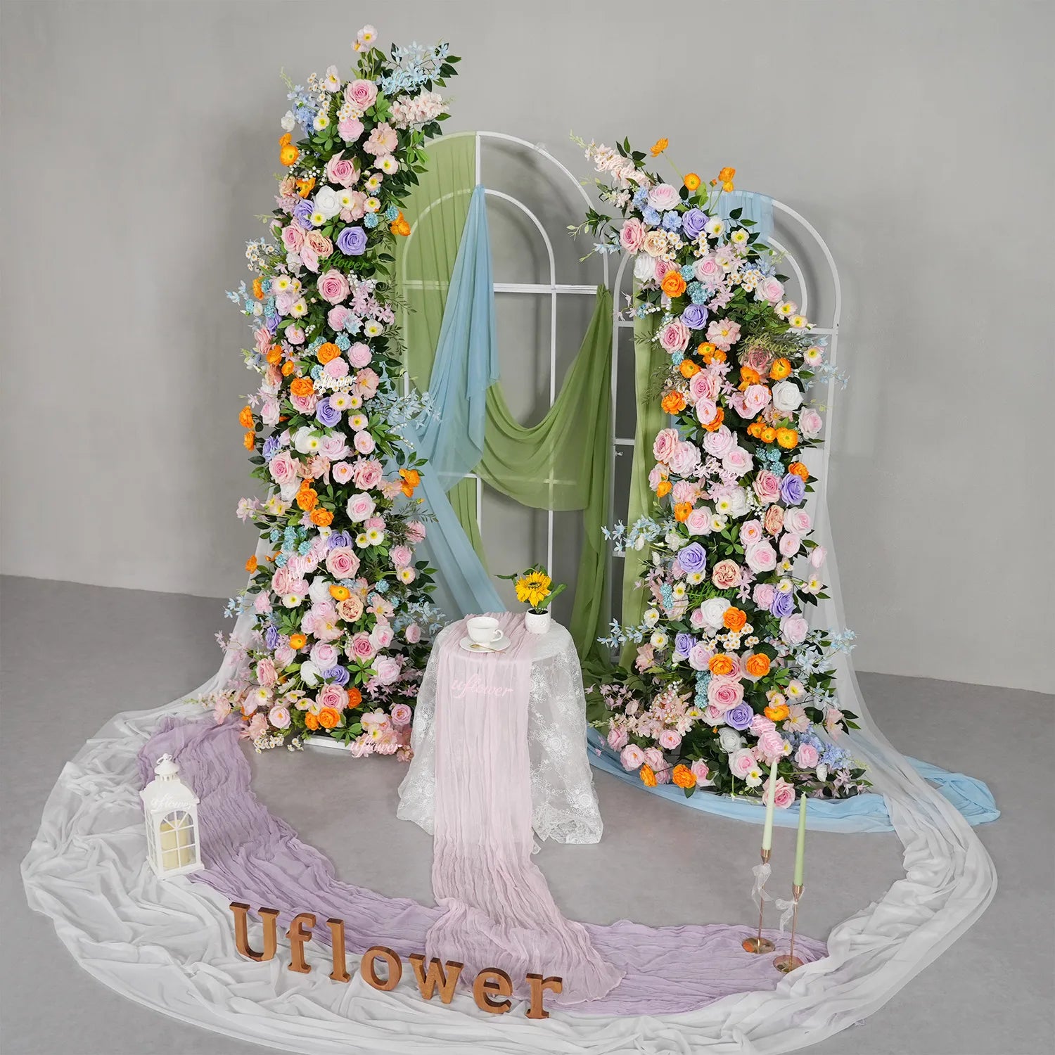 Uflower Pink Orange Greenery Floral Horn Arch Wedding Party Backdrop Decor SET80234
