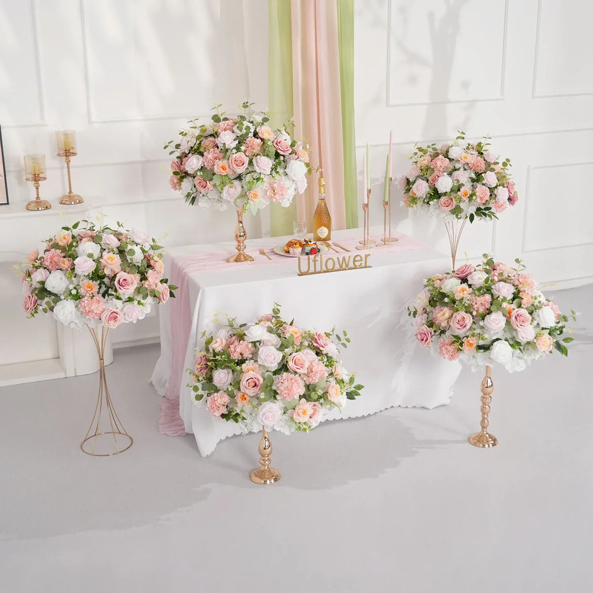 Uflower Pink White Rose Green Leaf Table Centerpieces Floral Ball Wedding Decoration MB80070 - Uflower