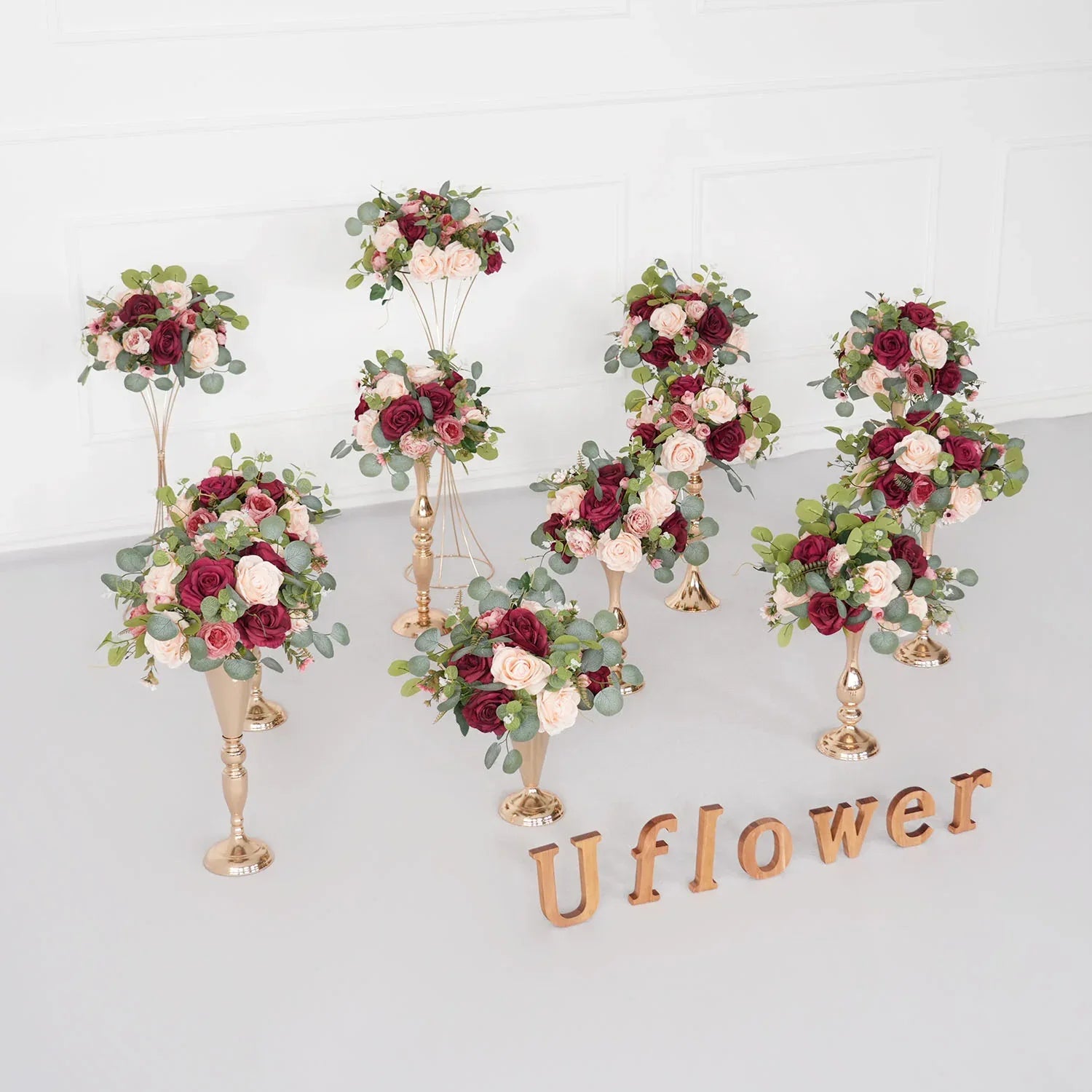 Uflower Red Rose Green Leaf Table Centerpieces Floral Ball Wedding Decoration MB80064-01 - Uflower