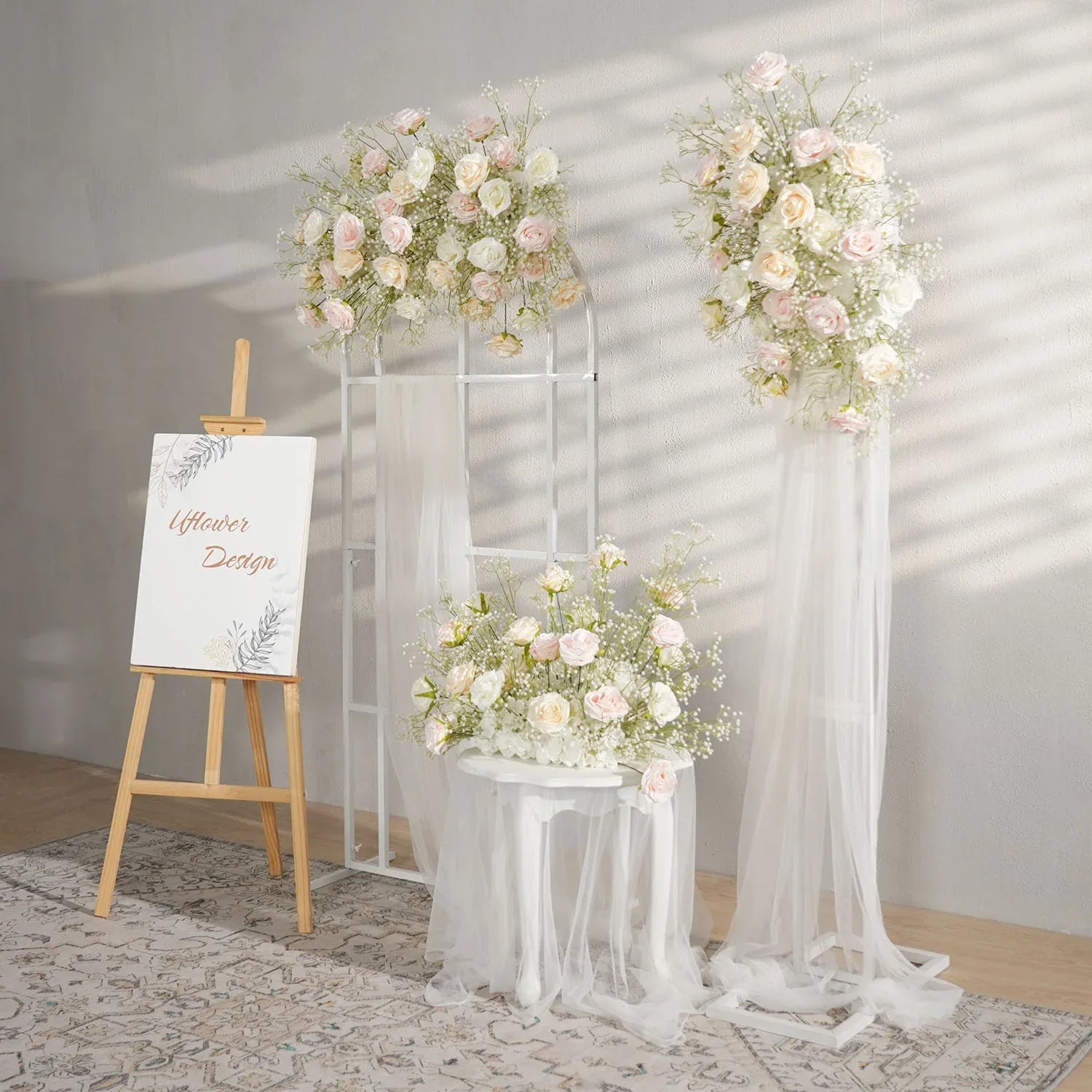 Uflower Champagne White Babysbreath Rose Arrangement Wedding KT Backdrop Decor SET80131 - Uflower