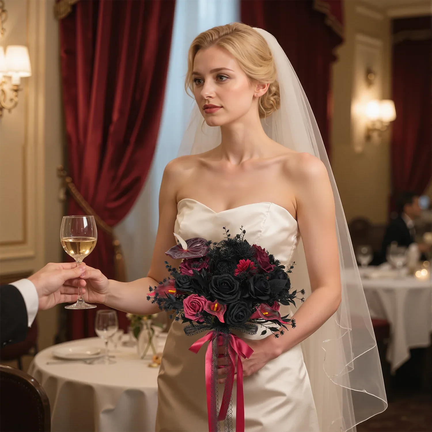 Uflower Black Burgundy Bride Bouquet Wrist Corsage Groom Boutonniere Set Wedding Event Supplies SET80080-11 - Uflower