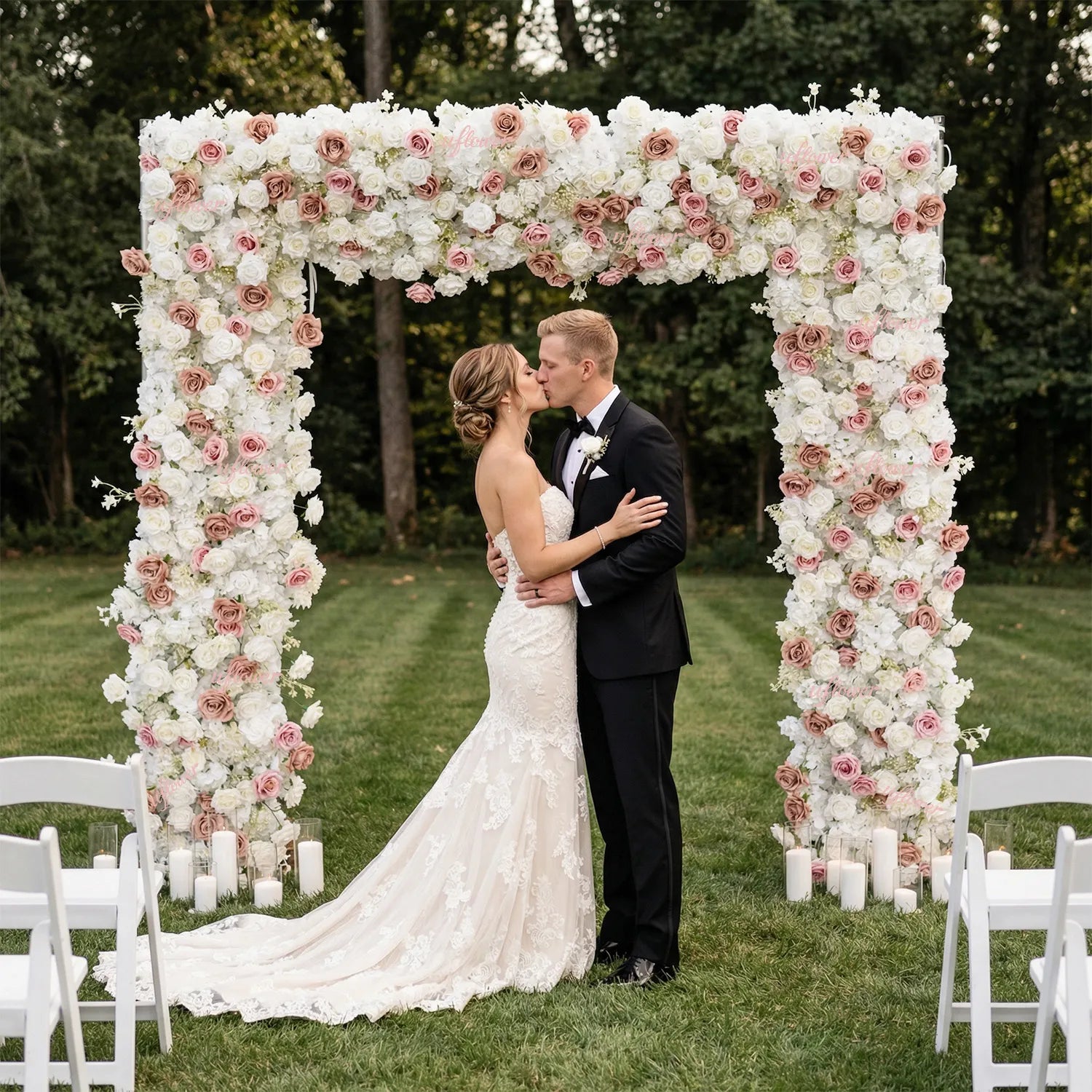 Uflower Pink Khaki Rose Wedding Background Flower Arrangement Arch Decoration SET80114