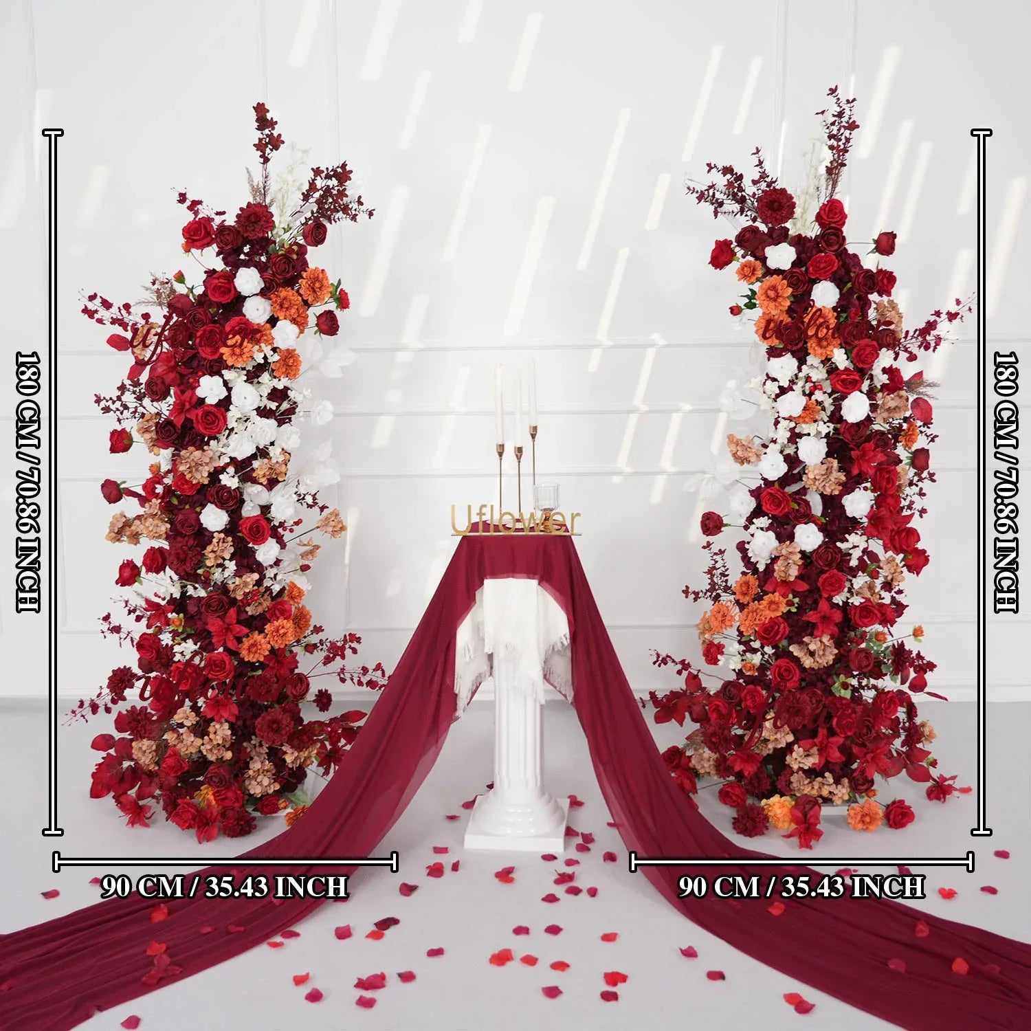 Uflower Autumn Red Rose Floral Horn Arch Wedding Party Backdrop Decor SET80134 - Uflower