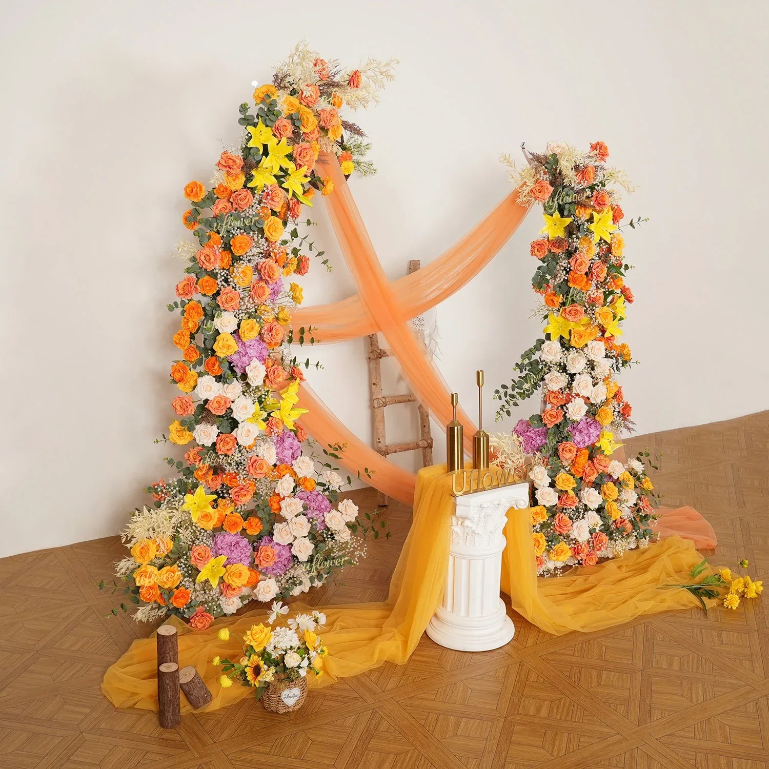 Uflower Orange Yellow Flower Horn Arch Wedding Party Birthday Backdrop Decor SET80139 - Uflower