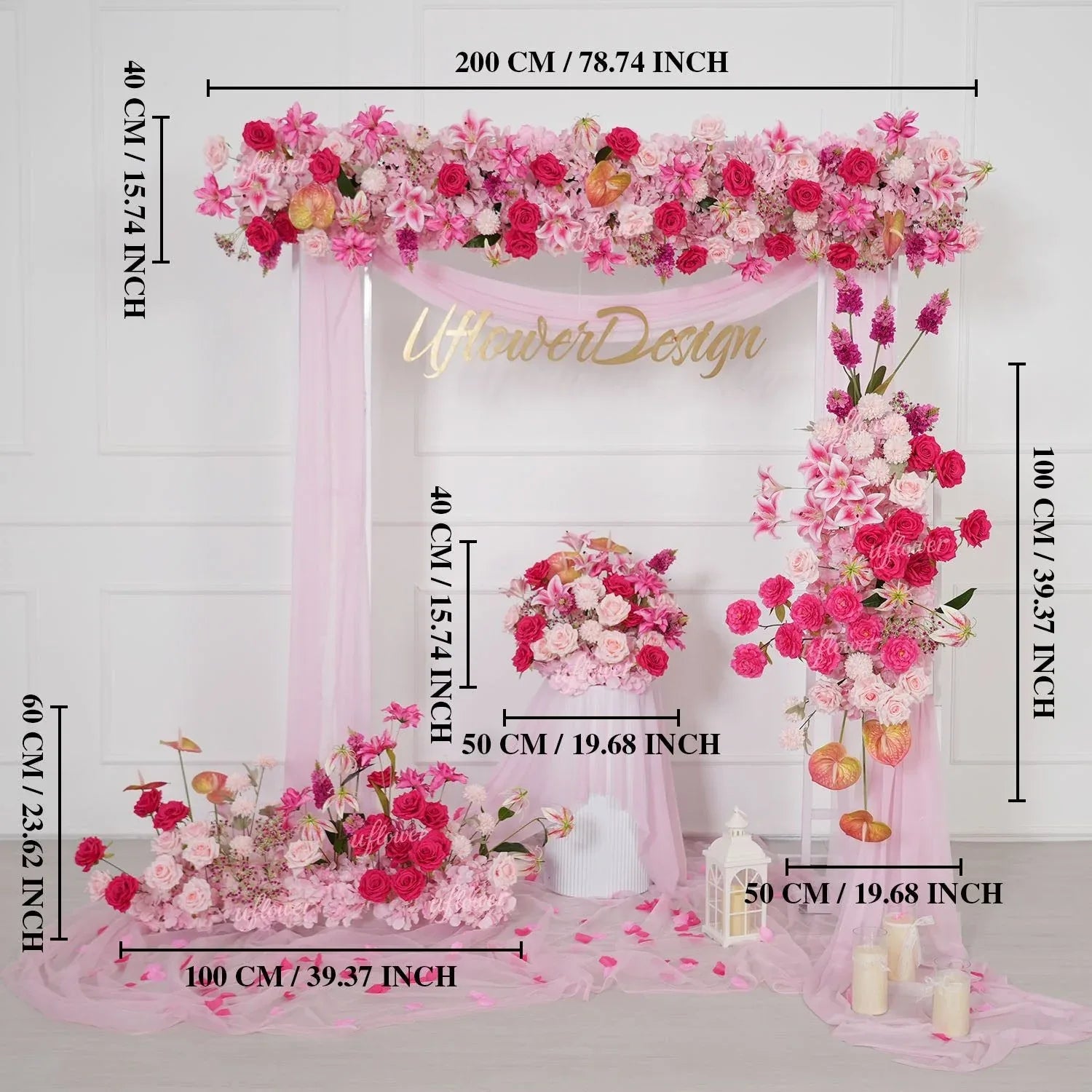 Uflower Rose Pink Floral Arrangement Wedding Backdrop Floral Props SET80193 - Uflower