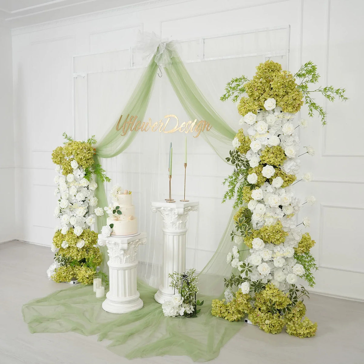 Uflower Artificial Green White Hydrangea Rose Flower Row Wedding KT Backdrop Decor SET80205 - Uflower