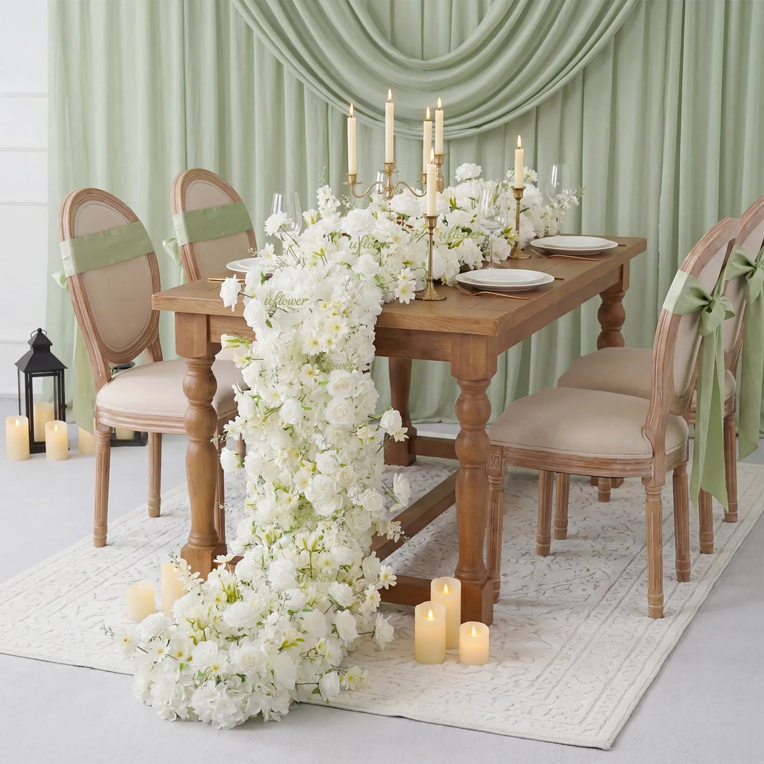 Uflower White Rose Sofa Table Runner Floor Flower Arrangement SET80099