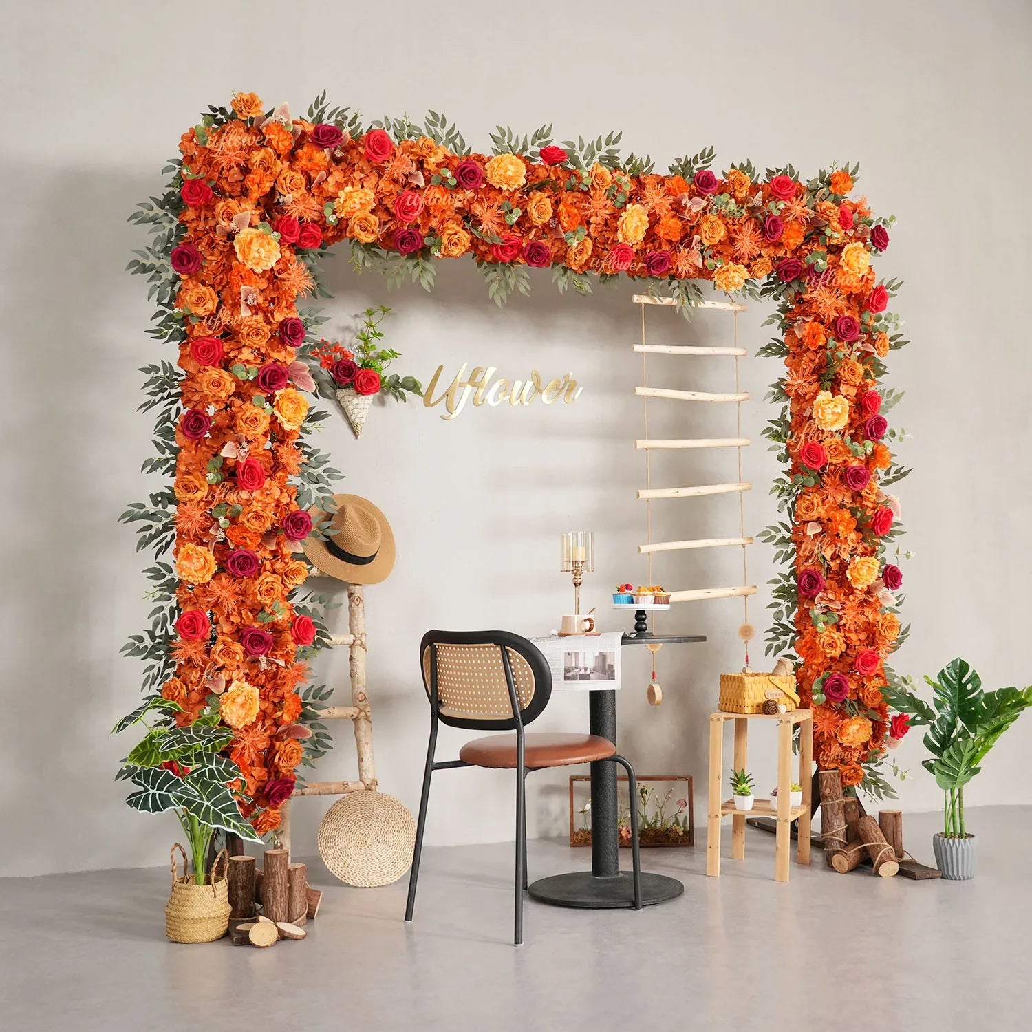 Uflower Orange Red Rose Floral Square Arch Wedding Party Ceremony Backdrop Decor SET80194 - Uflower