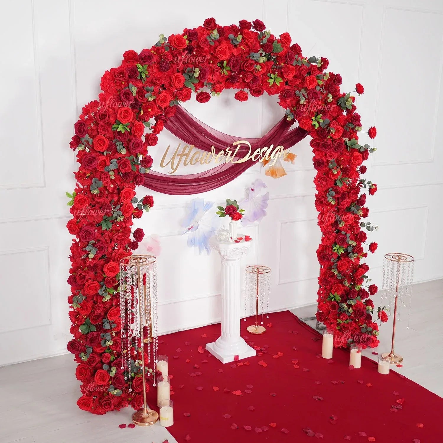 Uflower Red Rose Greenery Floral Door Arch Wedding Party Backdrop Decoration SET80174 - Uflower