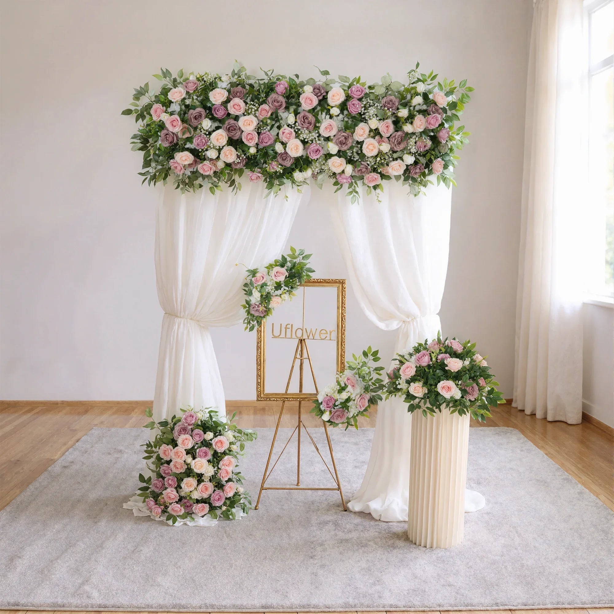 Uflower Pink Faux Flower Wall Backdrop Flower Row Decor SET80016 - Uflower