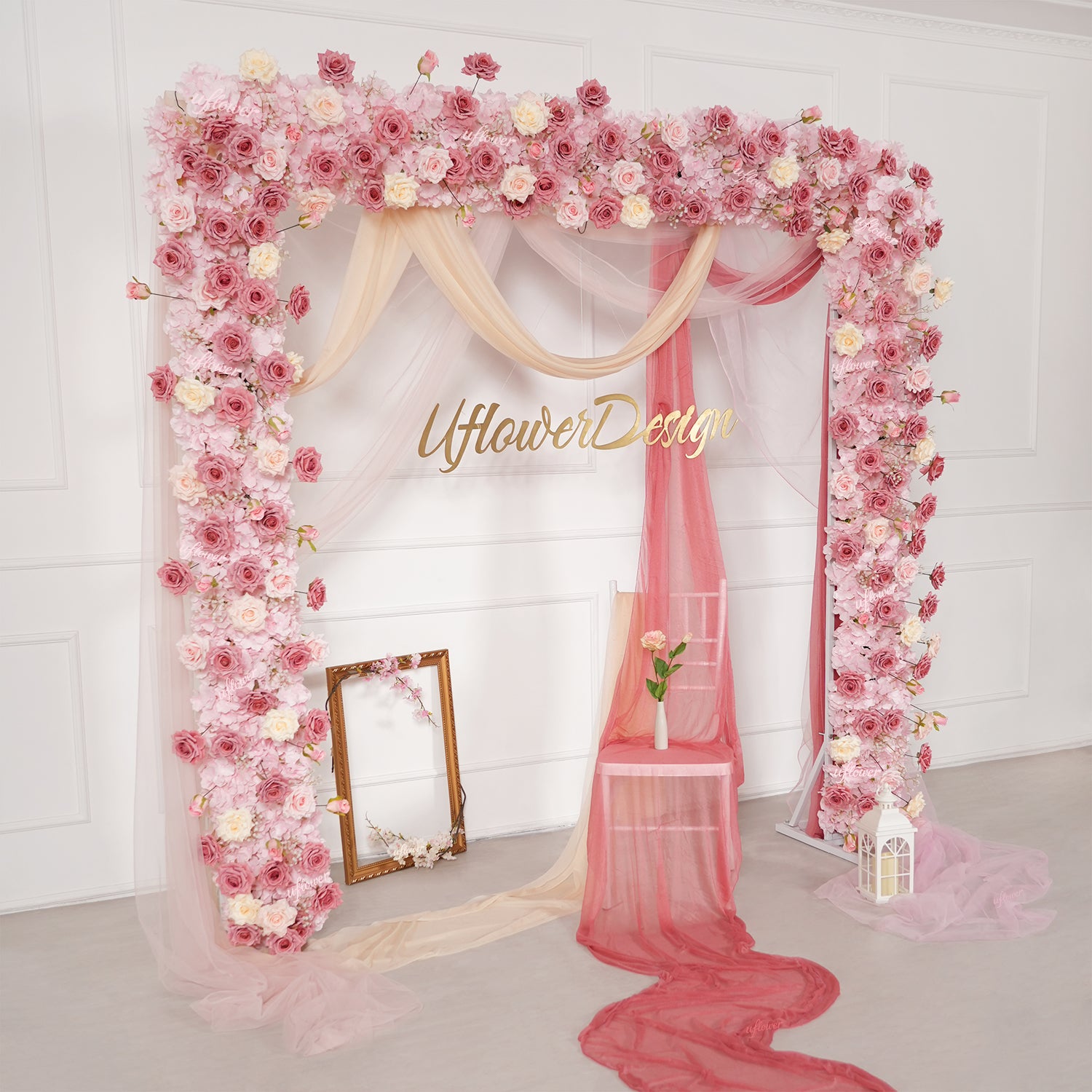Uflower Pink Rose Floral Square Arch Wedding Party Backdrop Decoration SET80236