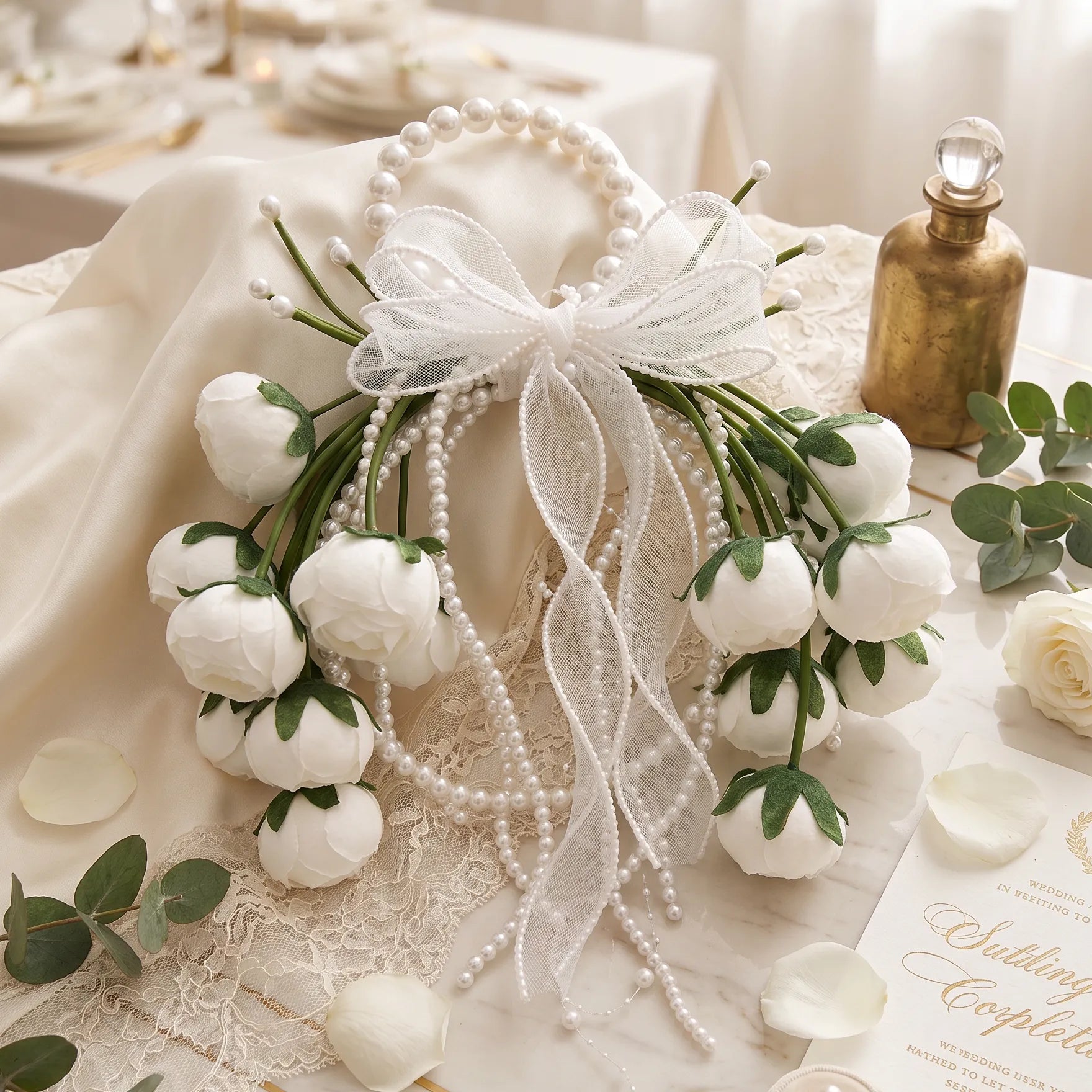 Uflower Wedding Handheld Pearl Floral Wreath
