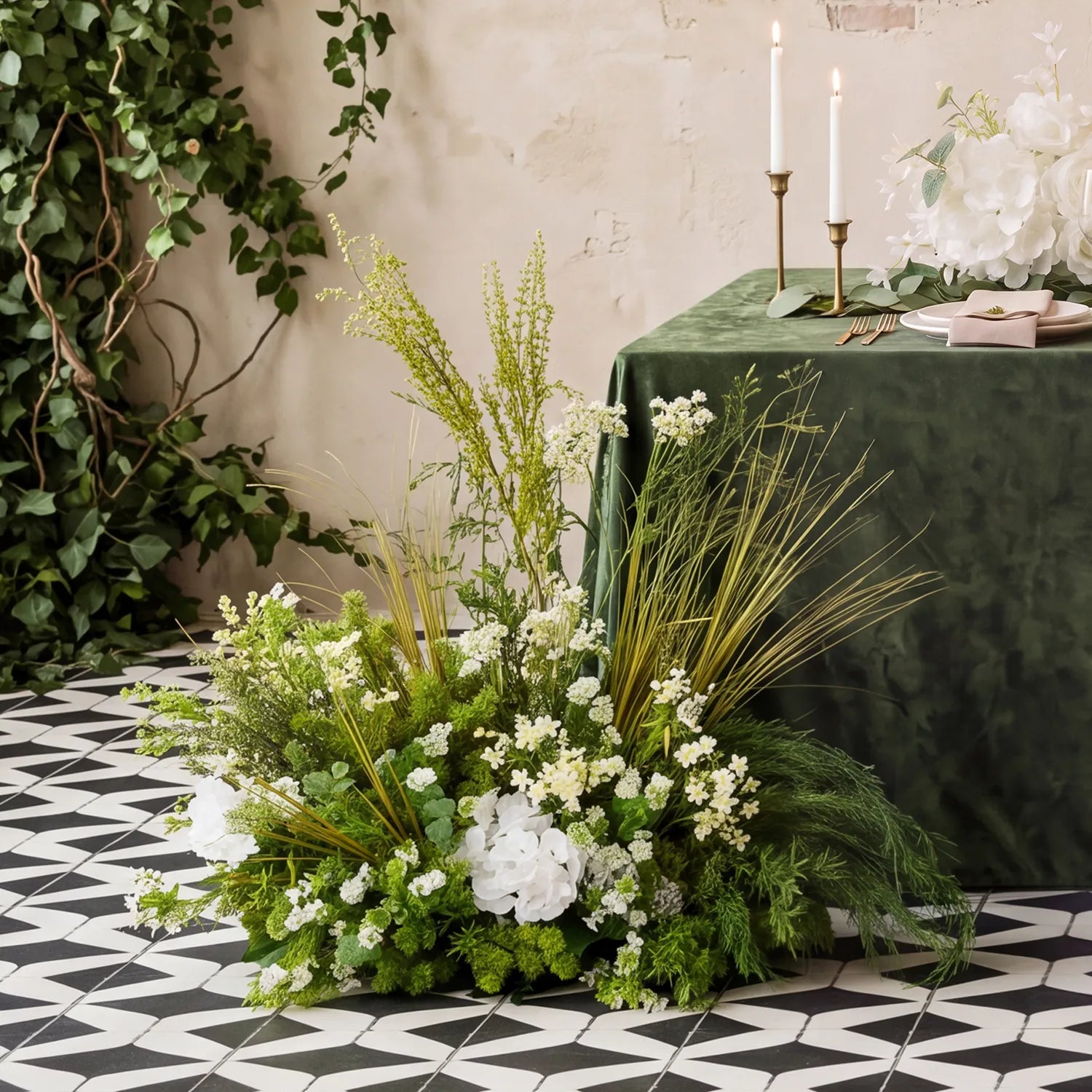 Elegant Wedding Floral Decor – Ground Flowers, Centerpieces & Welcome Sign