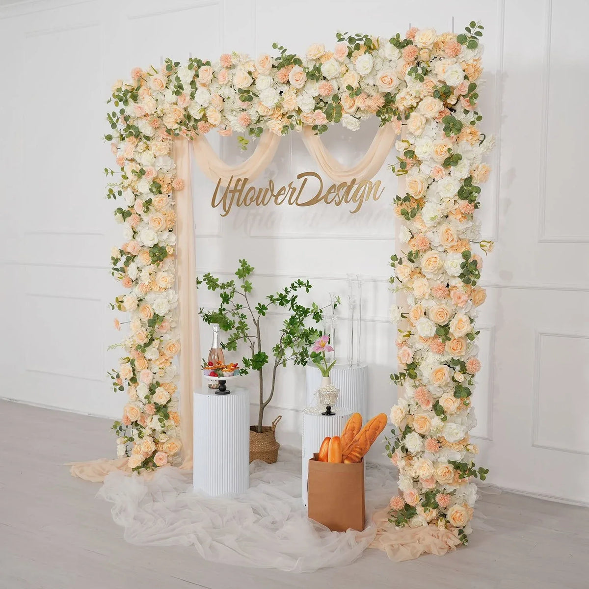 Uflower Champagne Rose Floral Square Arch Wedding Party Backdrop Decoration SET80173 - Uflower