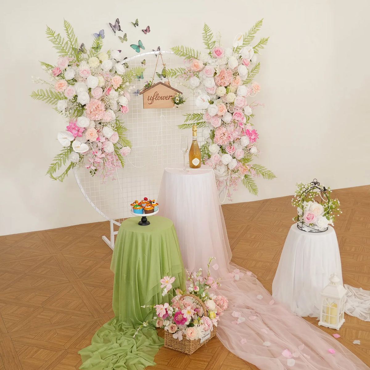 Uflower White Pink Floral Arrangement Wedding Party Arch Backdrop Decor SET80216