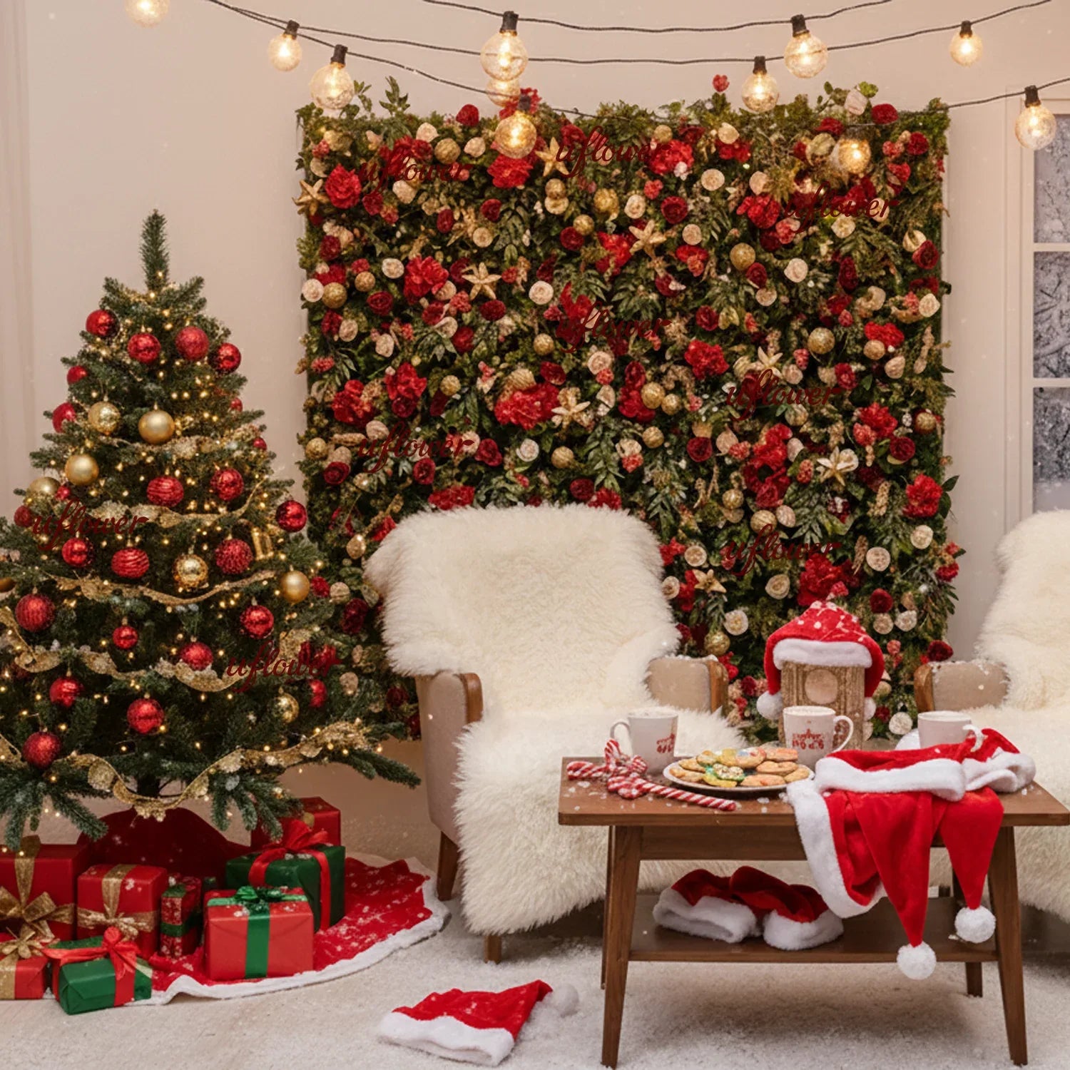 Uflower Christmas Red Gold Flower Wall Luxurious Star & Ball Decorated Floral Backdrop Holiday Party Decor - Uflower