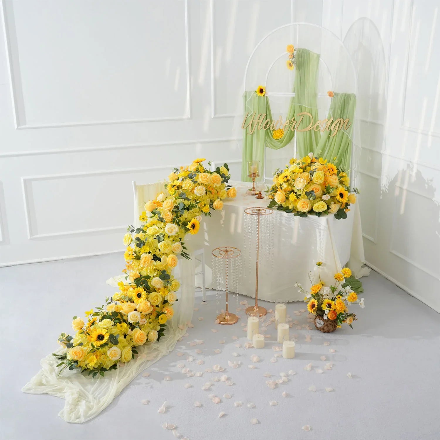 Uflower Yellow Rose Sunflower Table Runner Sofa Floral Wedding Backdrop Decor SET80150 - Uflower