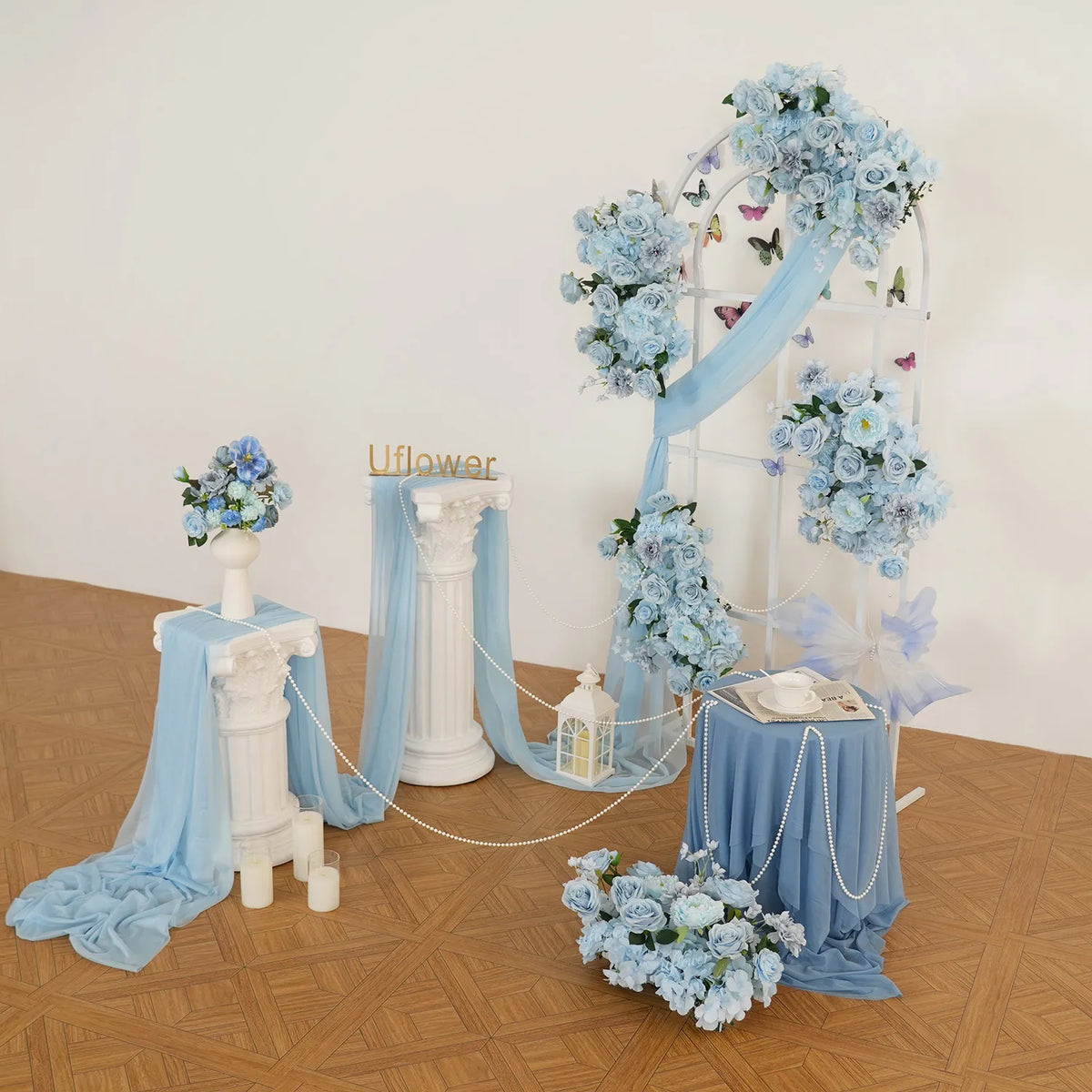 Uflower Blue Flower Wedding Backdrop Arch Floral Arrangement SET80214