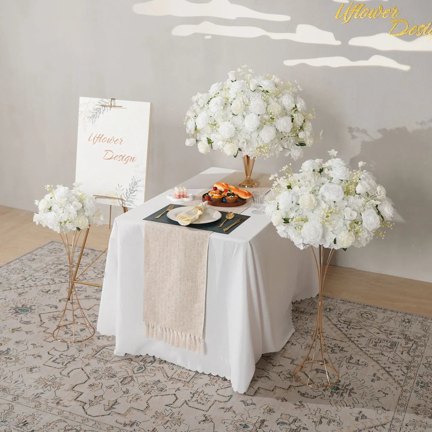 Uflower White Rose Baby's Breath Flower Ball For Table Centerpieces MB80080 - Uflower