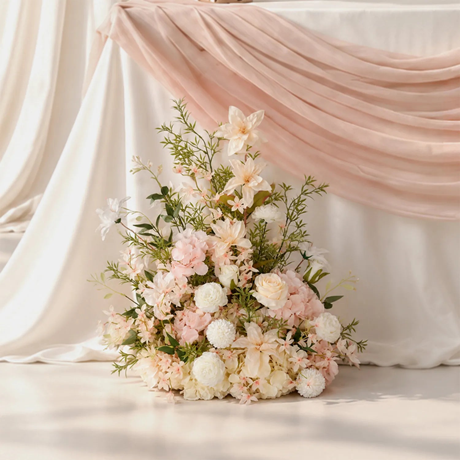 Soft Champagne & Pink Sweetheart Table Decor | One-Stop Floral Styling with Centerpiece & Ground Flowers