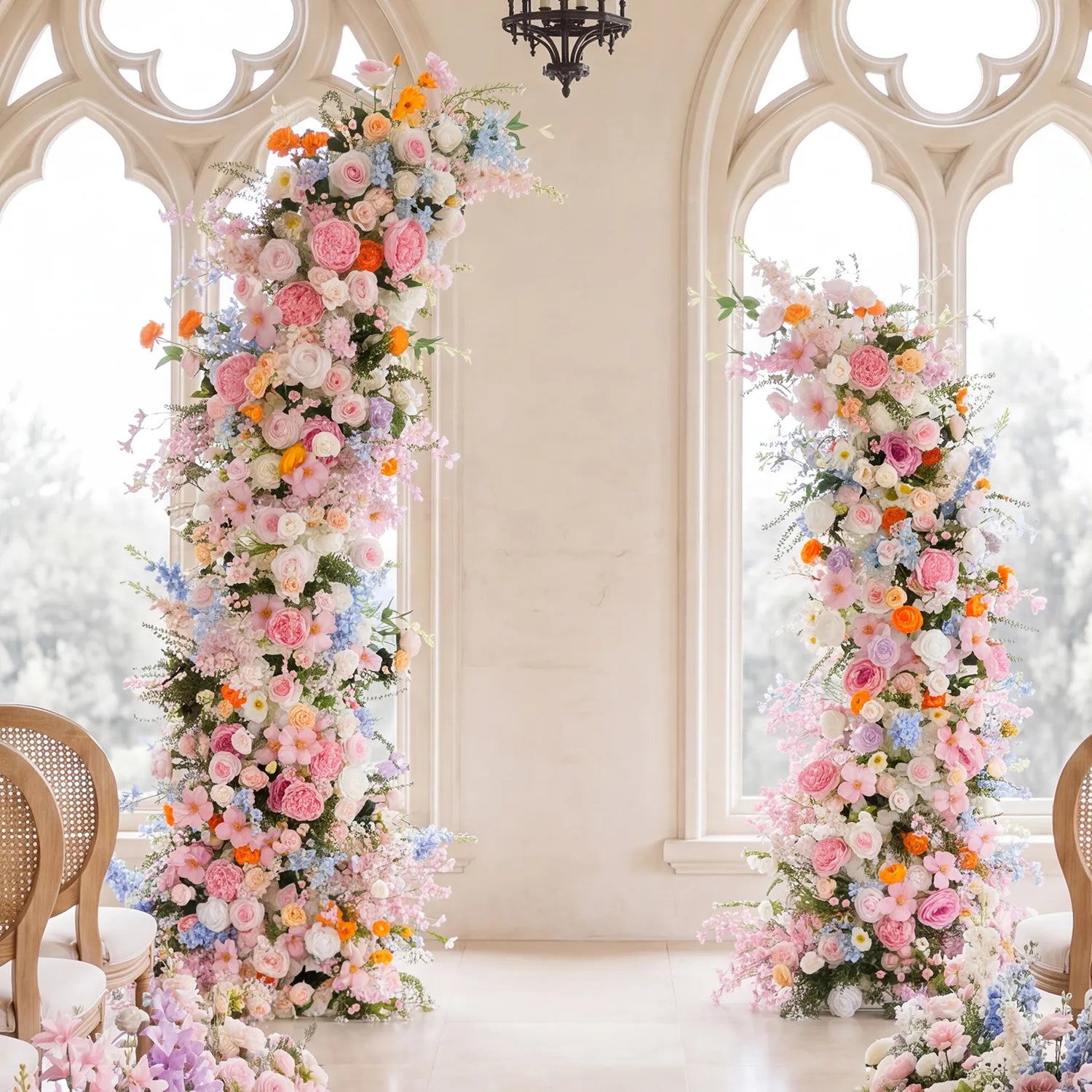 Colorful Church Wedding Decor | One-Stop Arch & Aisle Flower Styling
