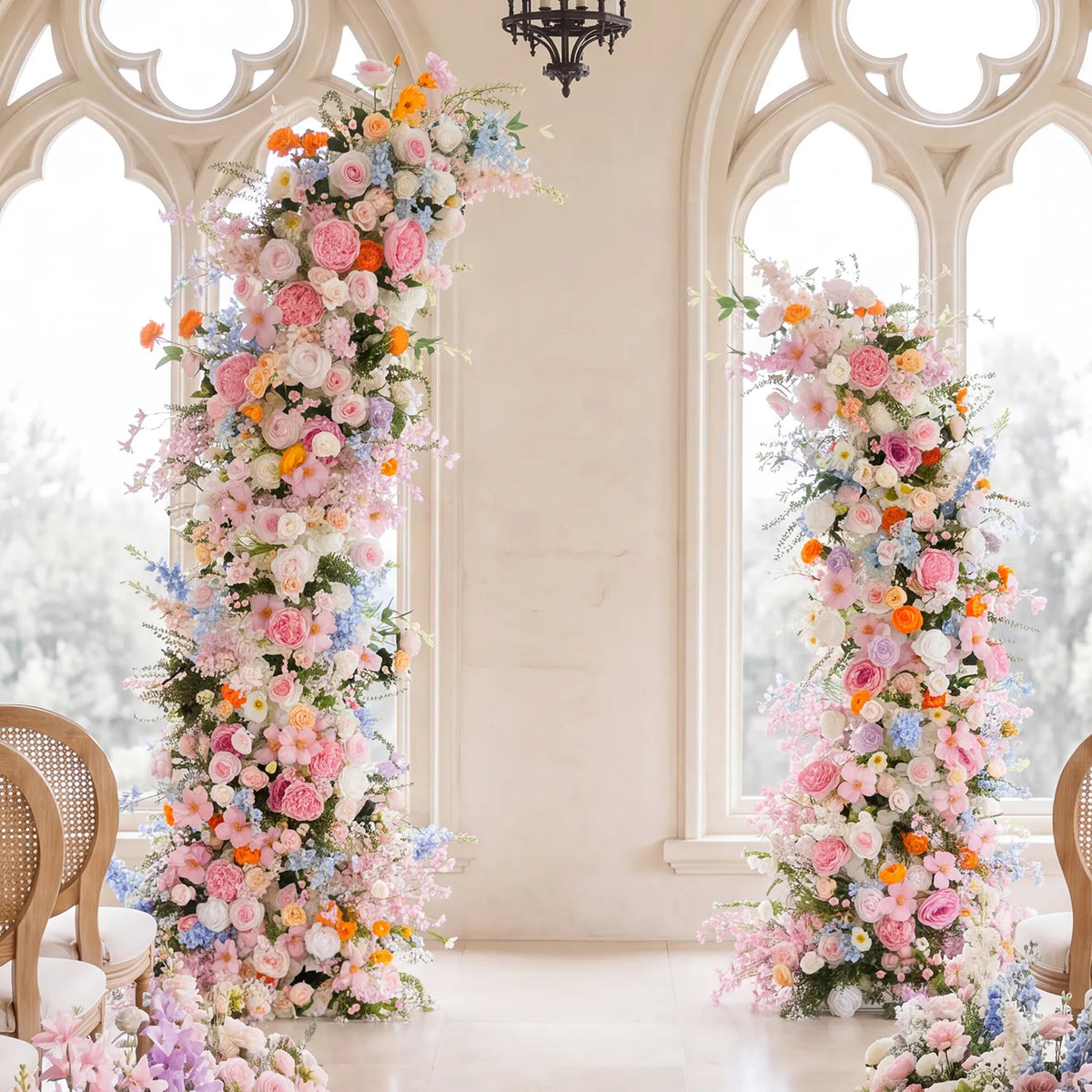 Colorful Church Wedding Decor | One-Stop Arch & Aisle Flower Styling