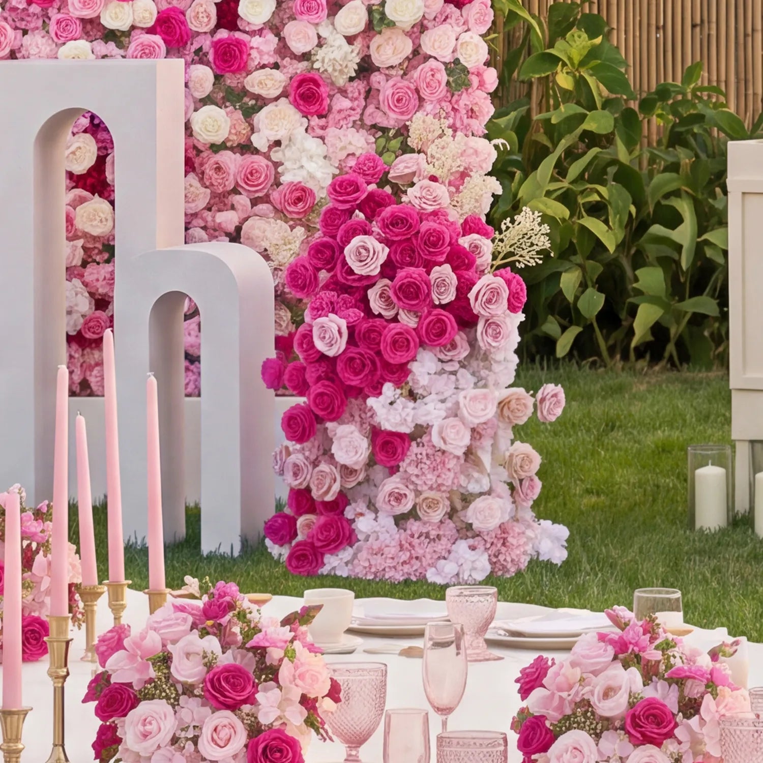 Pink & White Outdoor Wedding Decor | One-Stop Flower Wall, Flower Rows & Table Decor