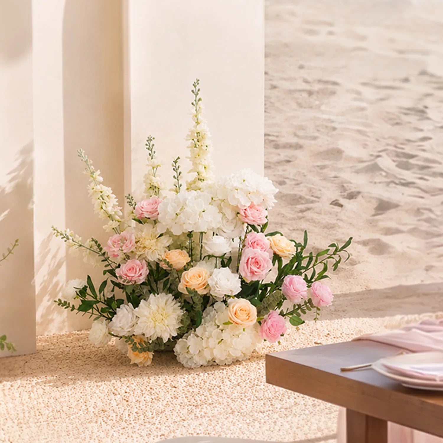Romantic Pink Beach Wedding Decor | Ground Flowers & Table Flowers